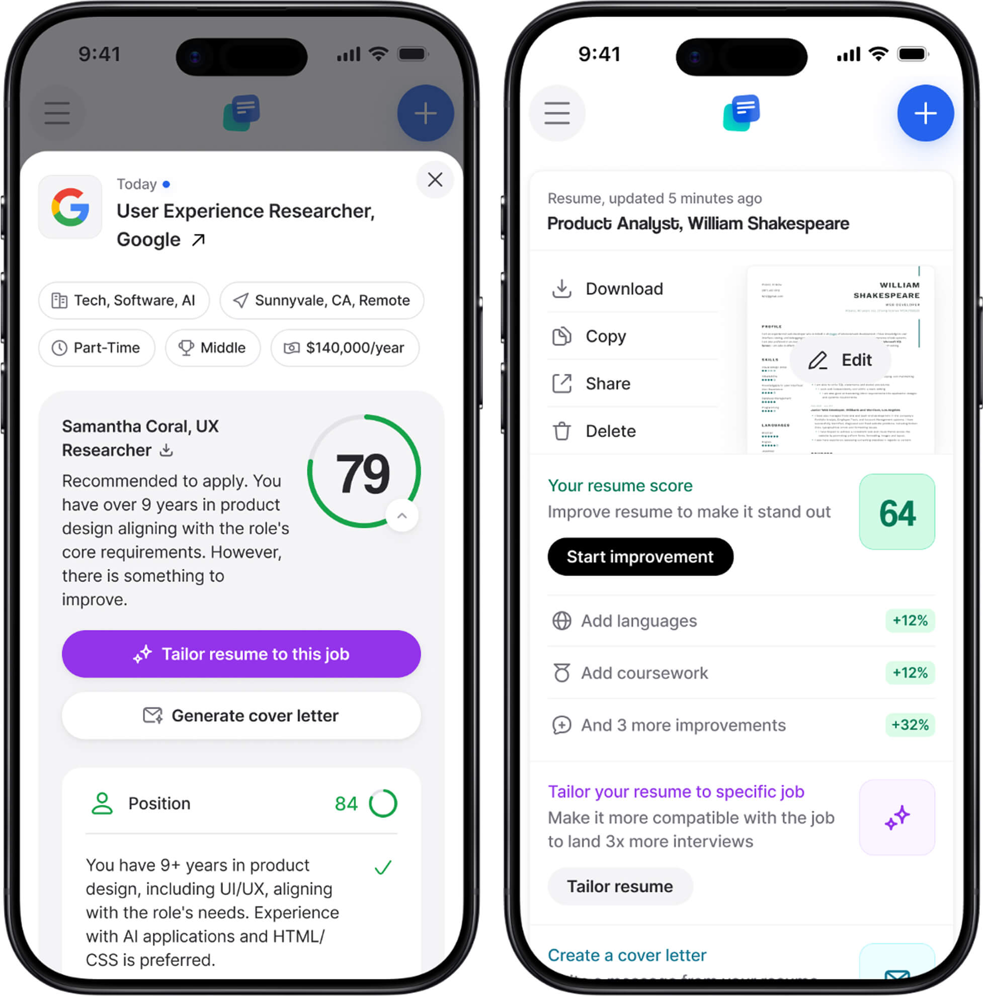 Screenshots of a job application mobile app, including a UX Researcher job and a resume score update.