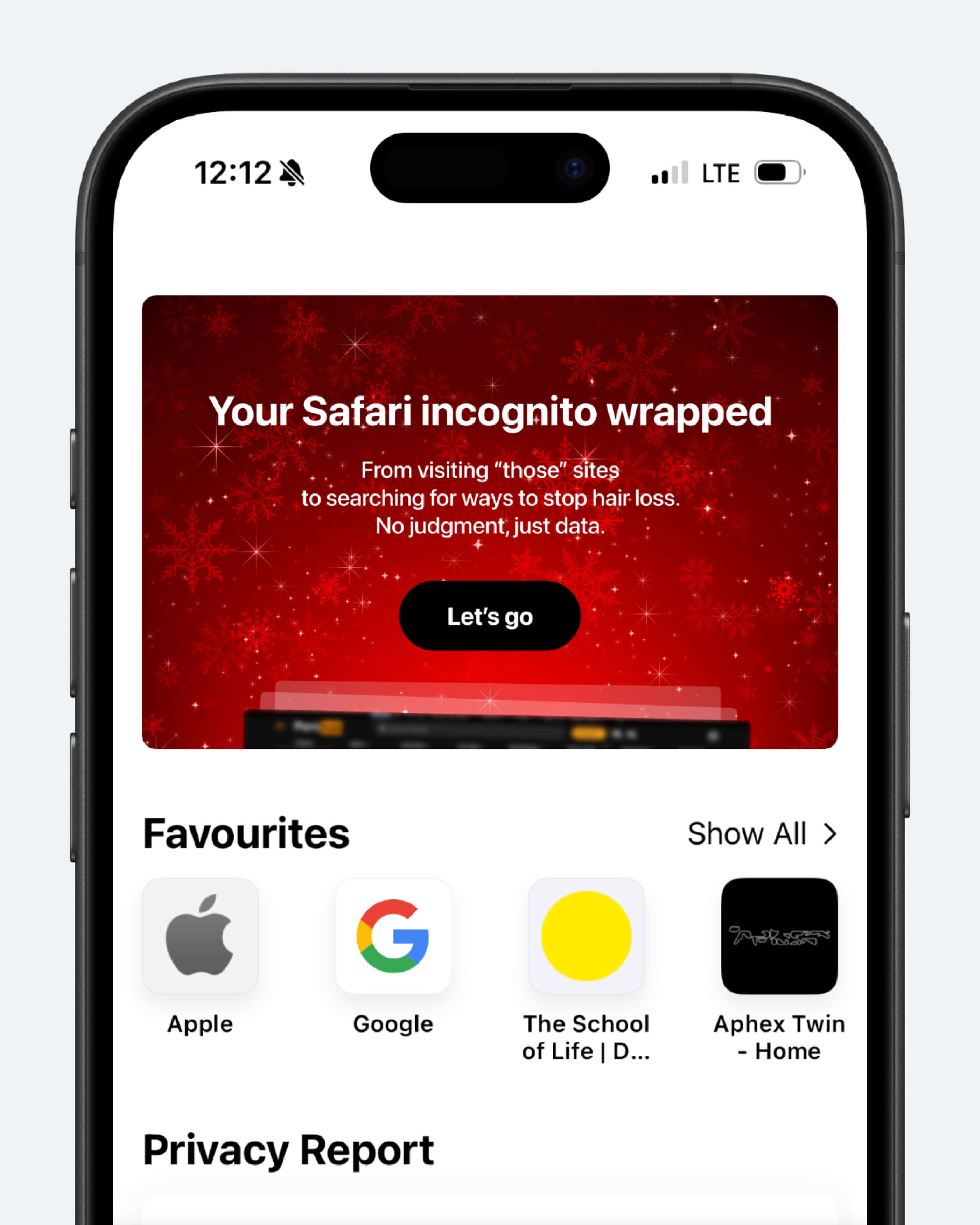 Концепт: экран год в режиме инкогнито Safari iOS с итогами приватного браузинга