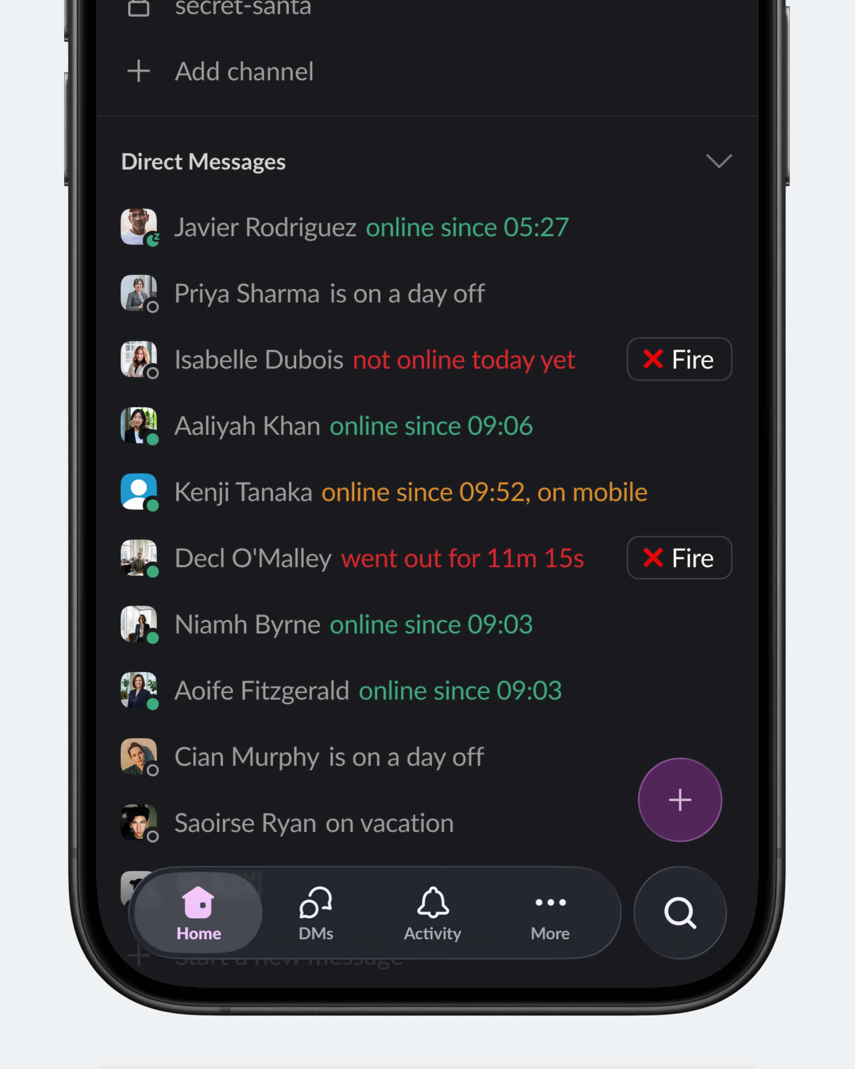 Концепт: чат Slack с отображением времени входа каждого сотрудника в статусе онлайн
