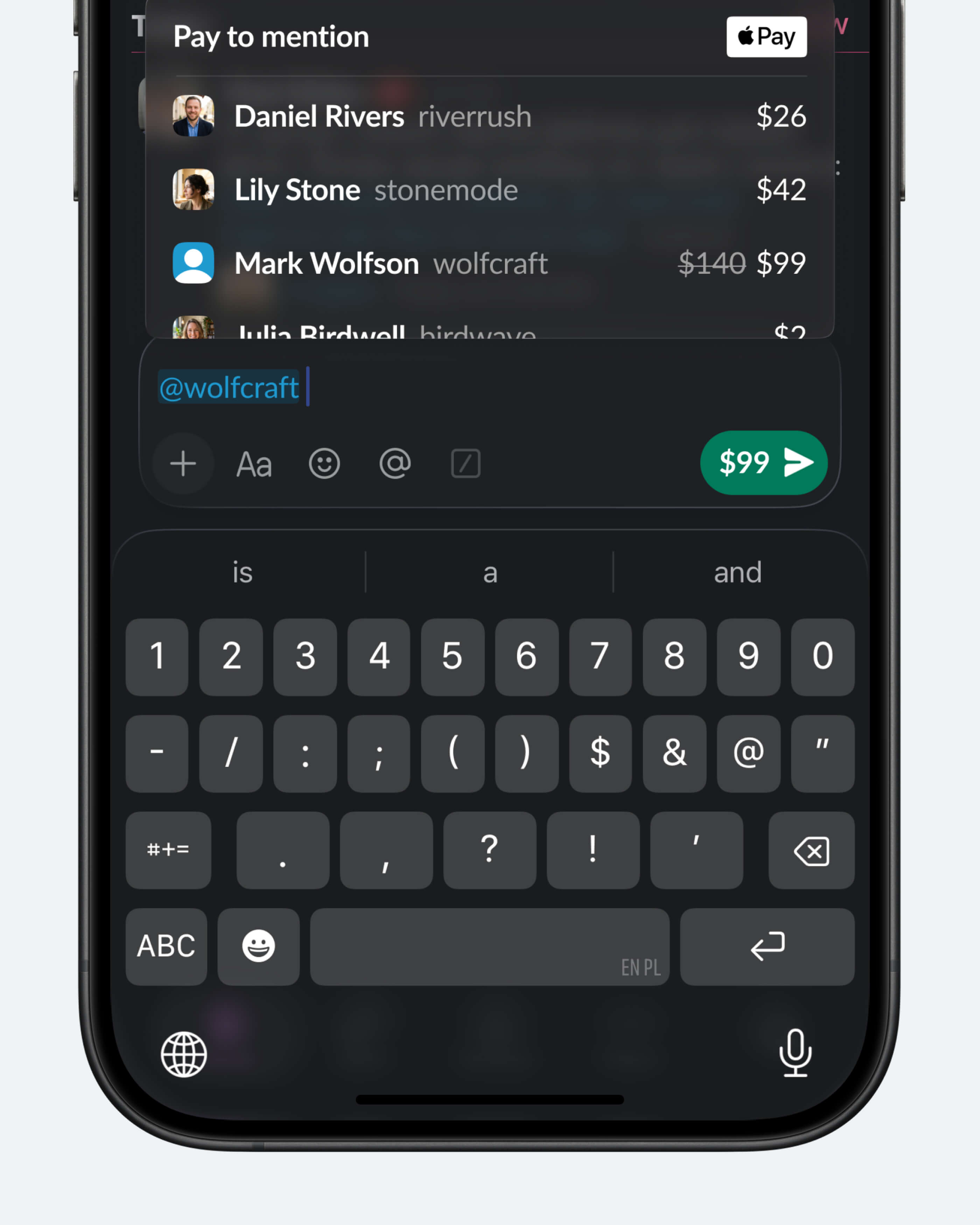 Концепт: интерфейс Slack с платными упоминаниями сотрудников через Apple Pay