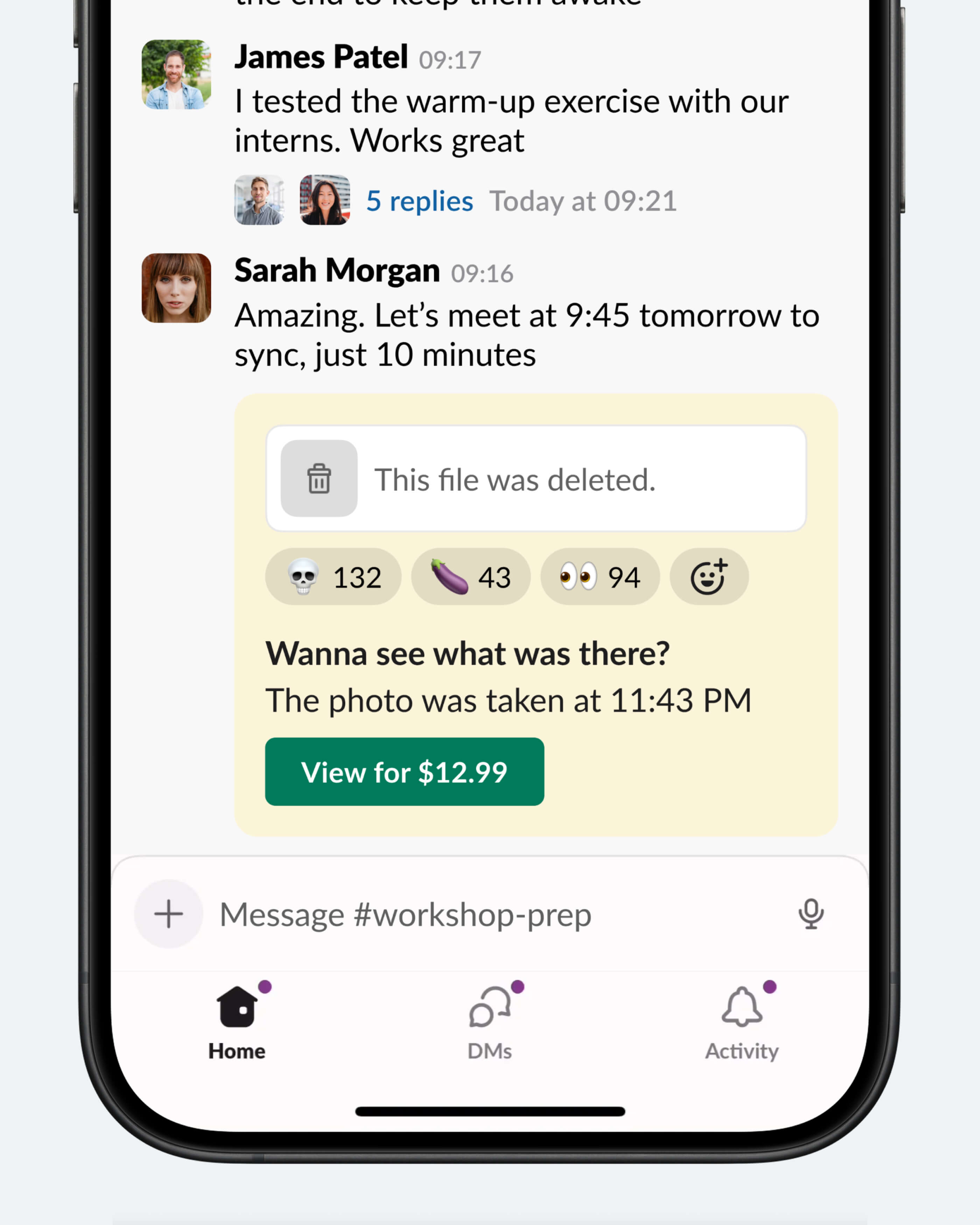 Концепт: интерфейс Slack с предложением оплатить доступ к удалённому файлу за деньги