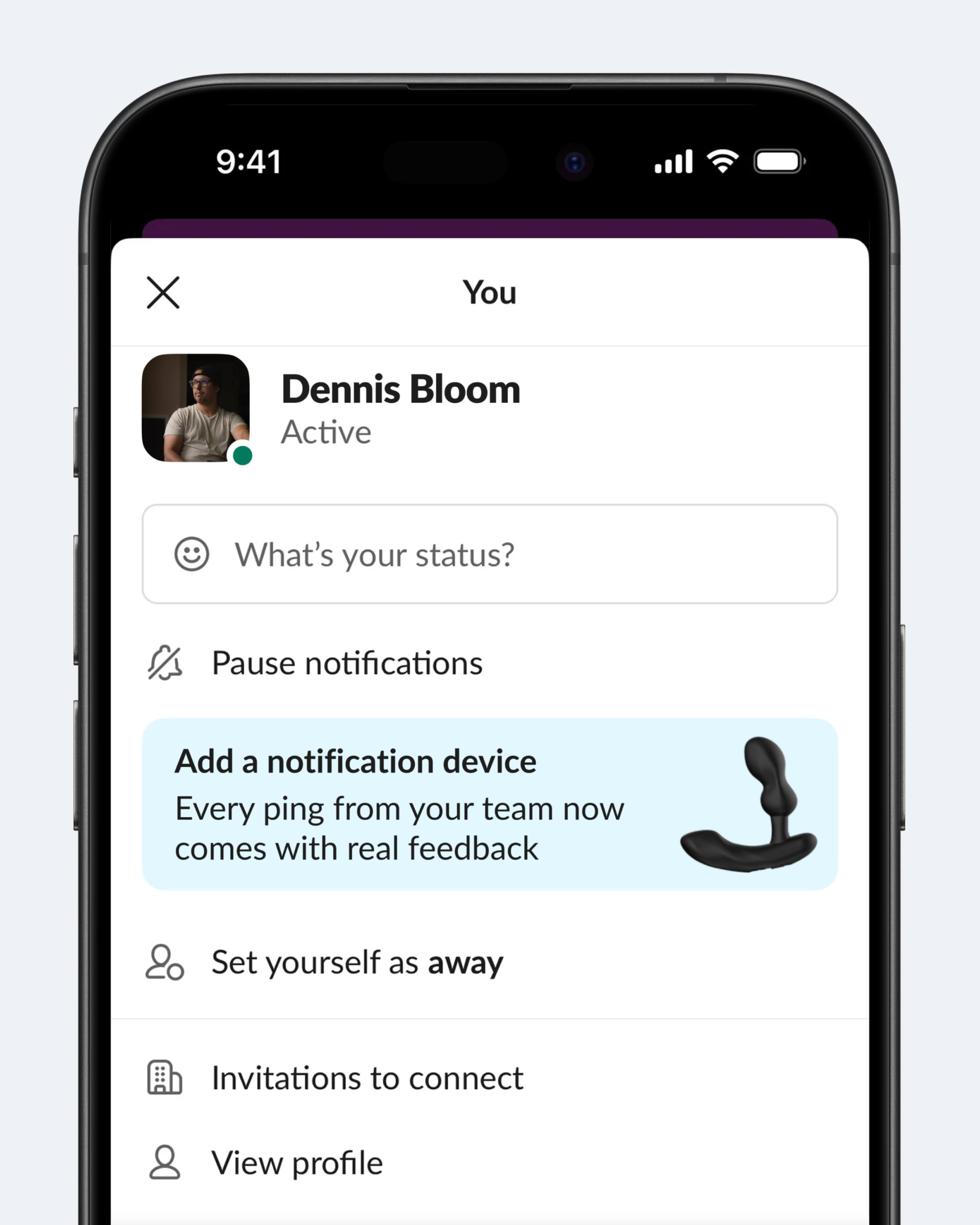 Концепт: экран профиля Slack с опцией привязки вибратора к уведомлениям