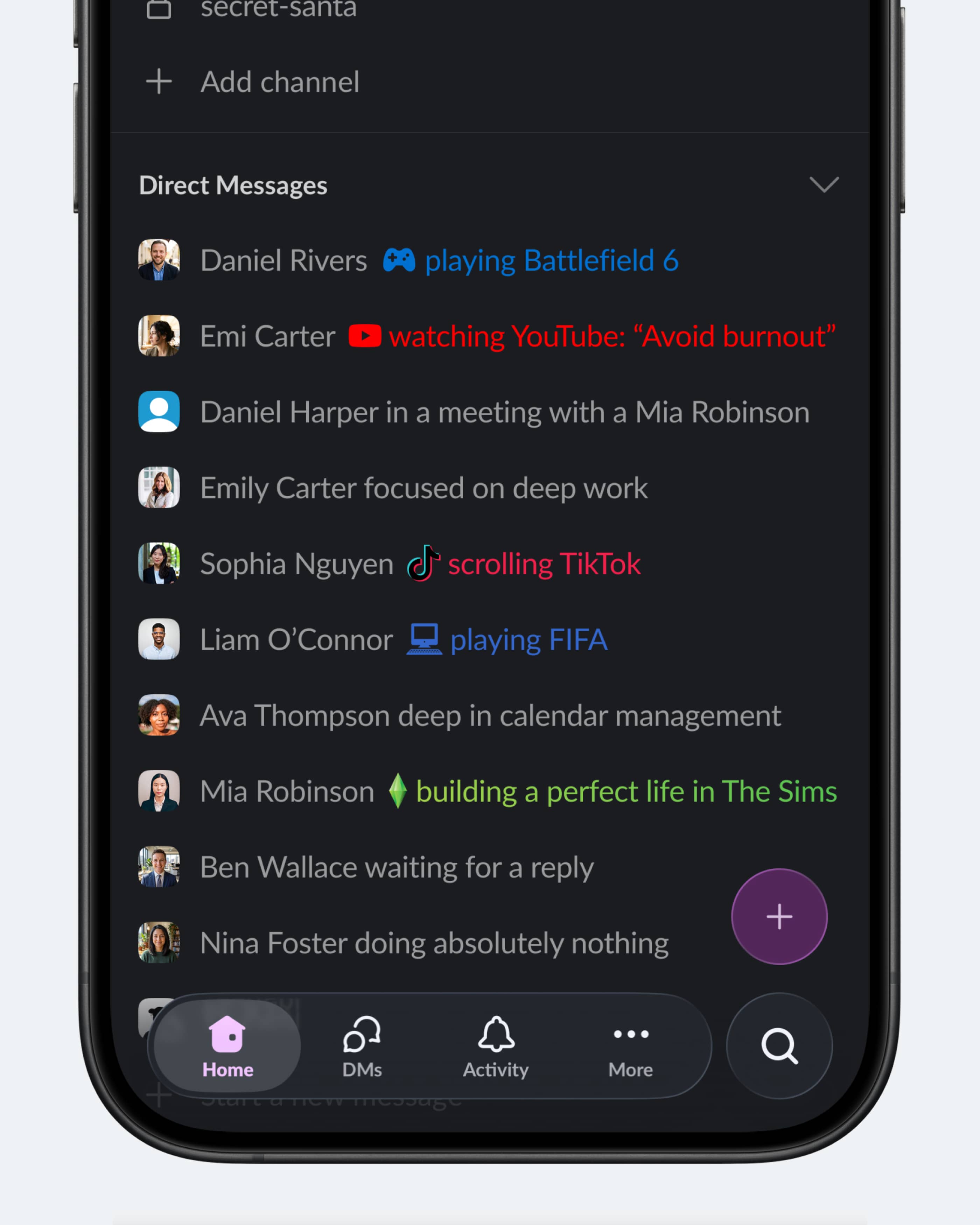 Концепт: чат Slack с информацией о текущей деятельности каждого сотрудника в рабочее время