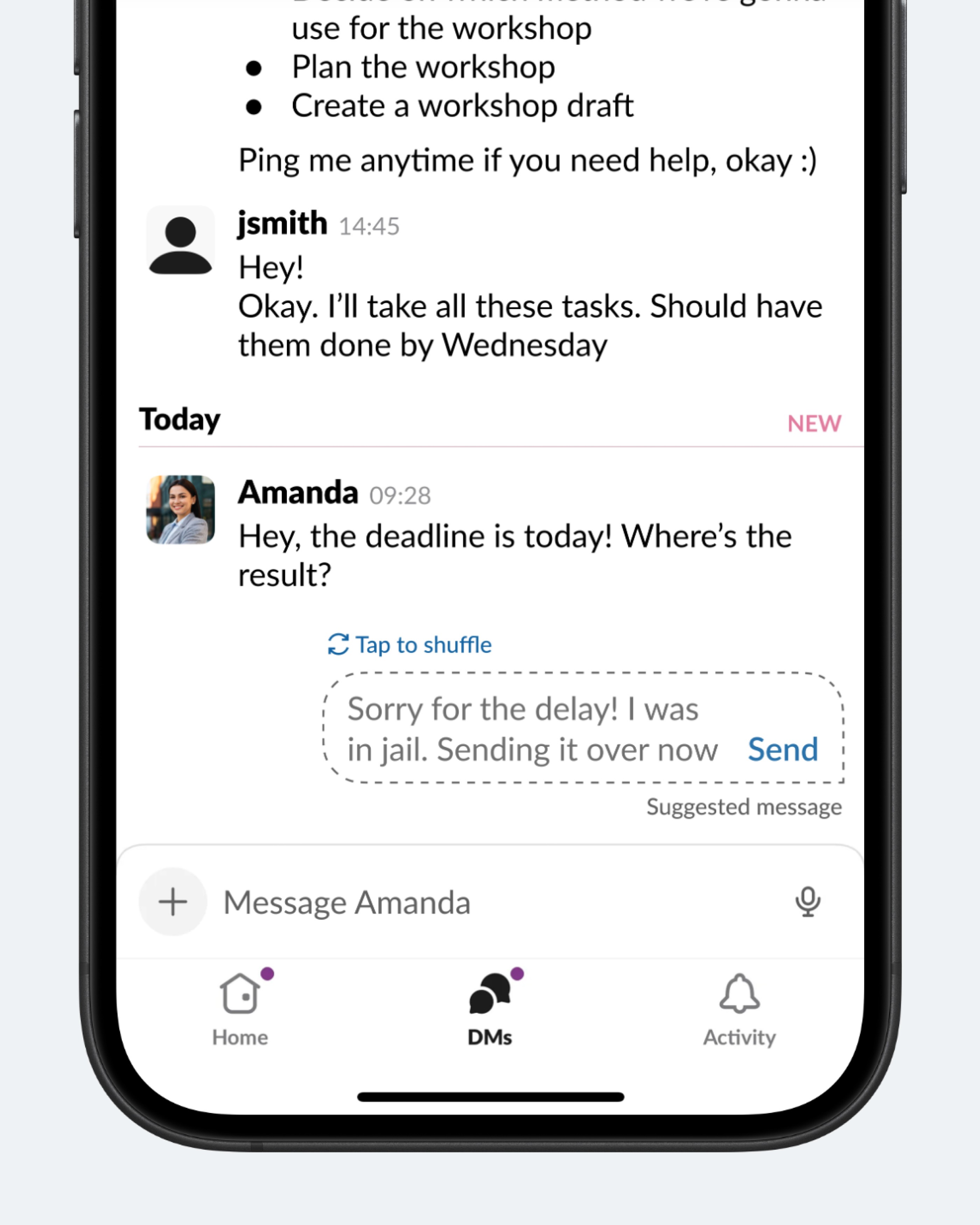 Концепт: интерфейс Slack с автоматически генерируемой отмазкой вместо пропущенного дедлайна