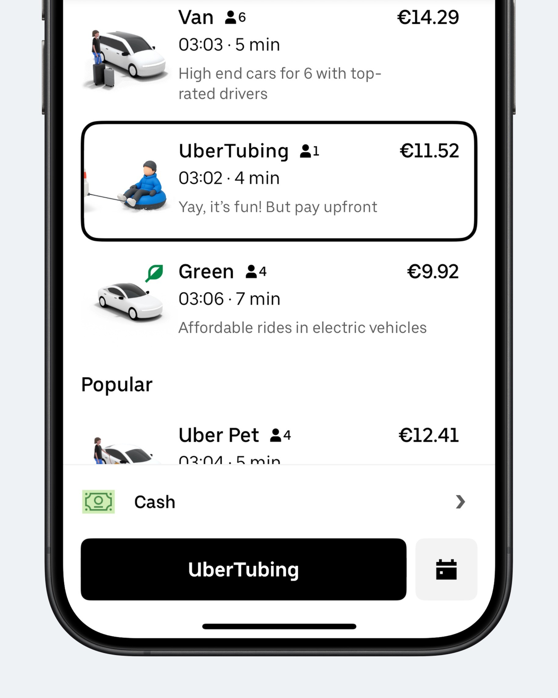 UberTubing option on mobile app with car icon, price, and duration. Other options include Van, Green, and Uber Pet.