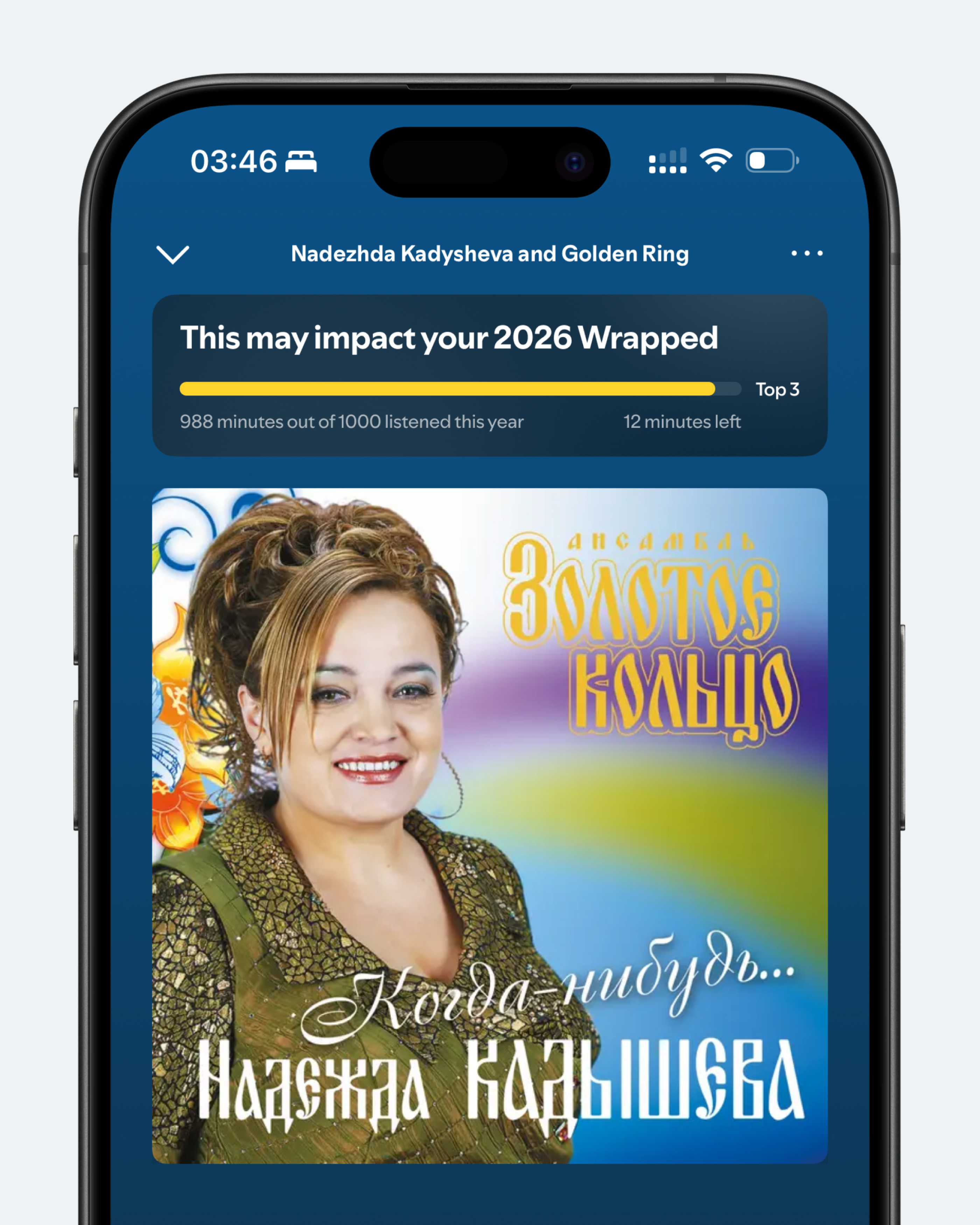 Концепт: уведомление Spotify о влиянии трека на итоги года Wrapped с прогрессом прослушивания