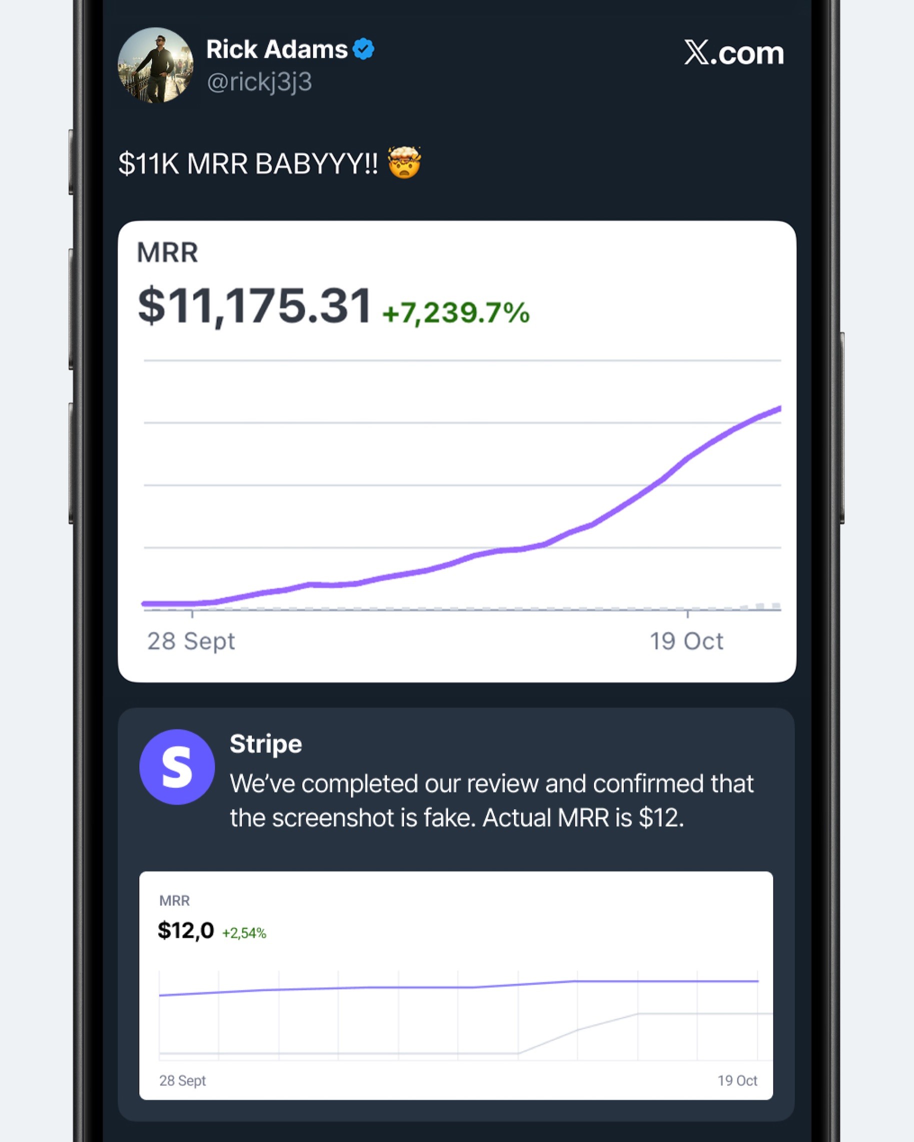 Концепт: интерфейс X.com с проверкой Stripe поддельных скриншотов заработка