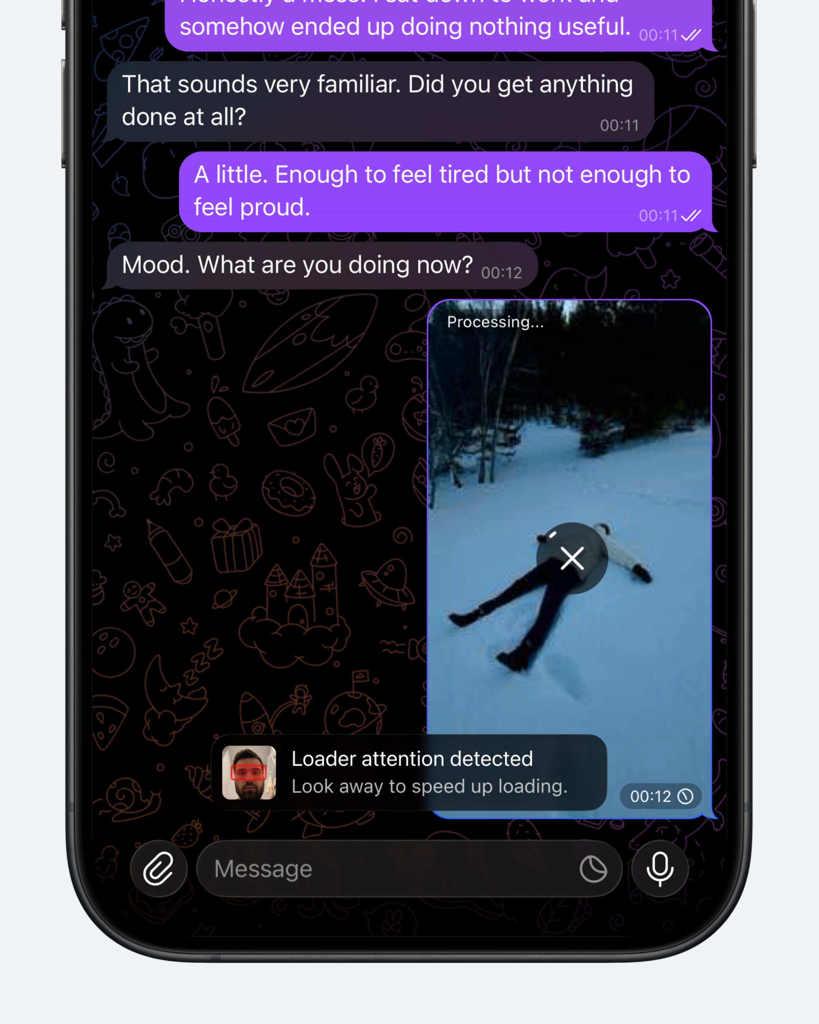 Концепт: интерфейс Telegram с уведомлением о ускорении загрузки при отводе взгляда от экрана