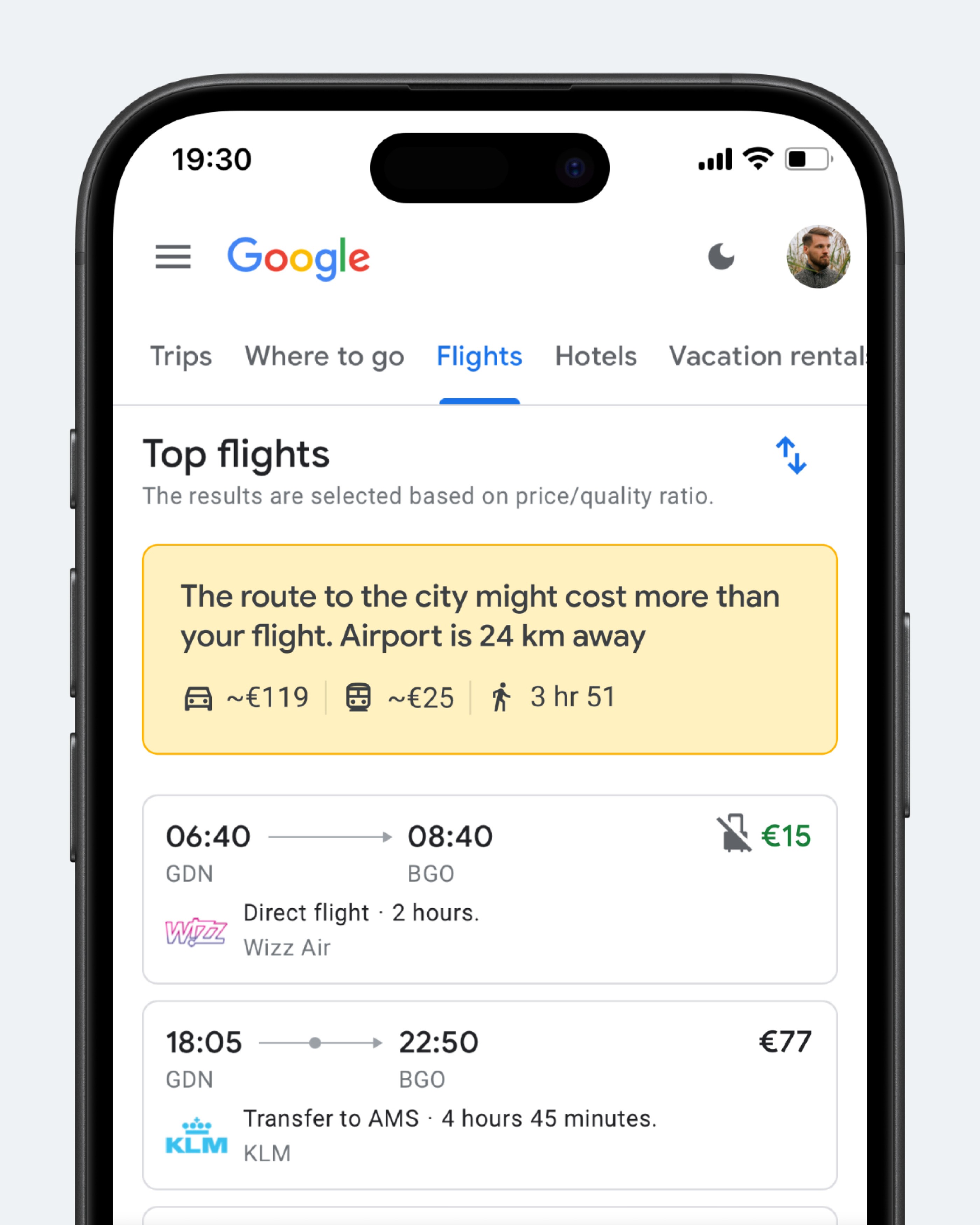 Концепт: Google Flights показывает полную стоимость билета с учётом трансфера из аэропорта в город
