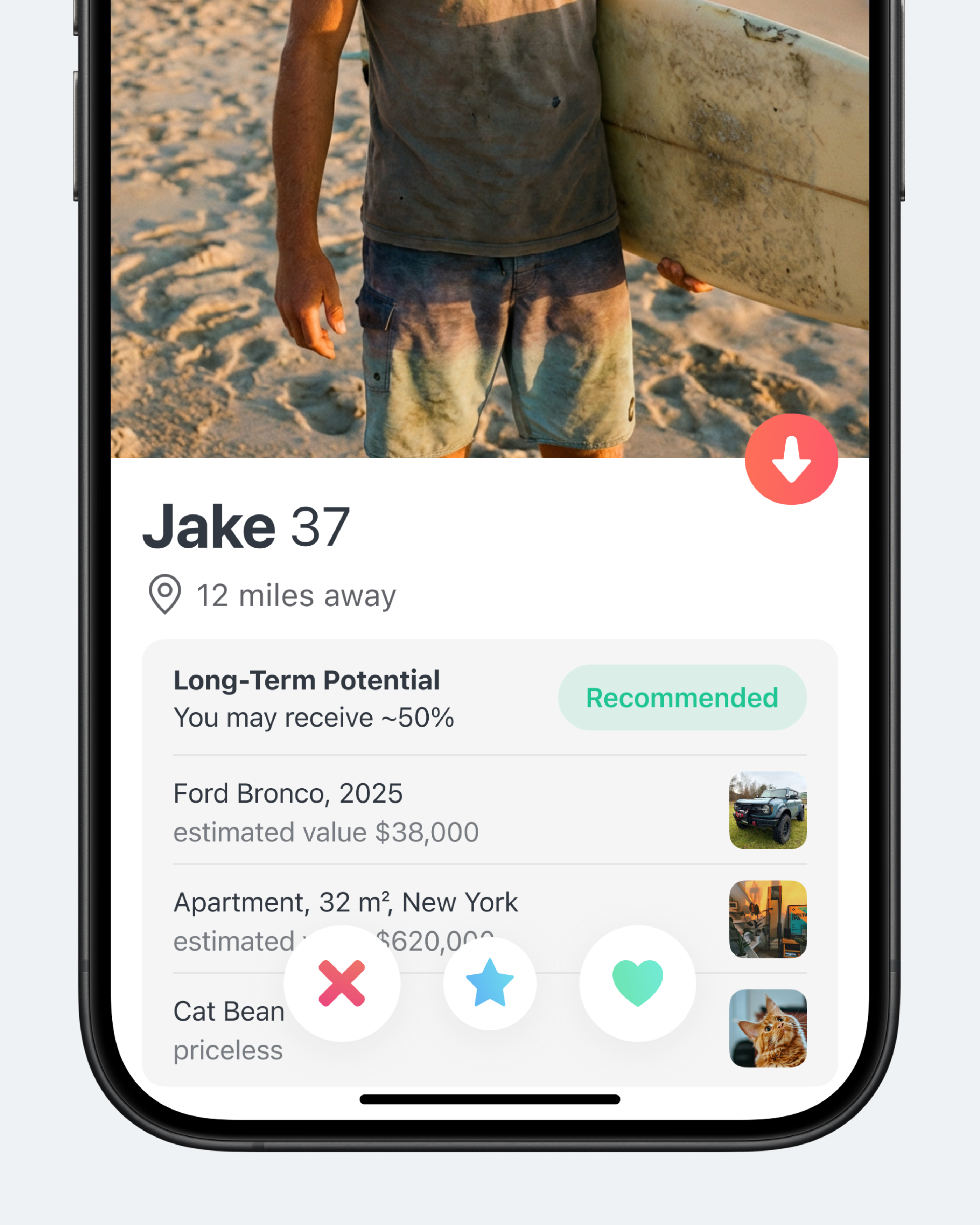 Концепт: профиль Tinder с анализом потенциала к браку, показывающий имущество и оценку совместимости