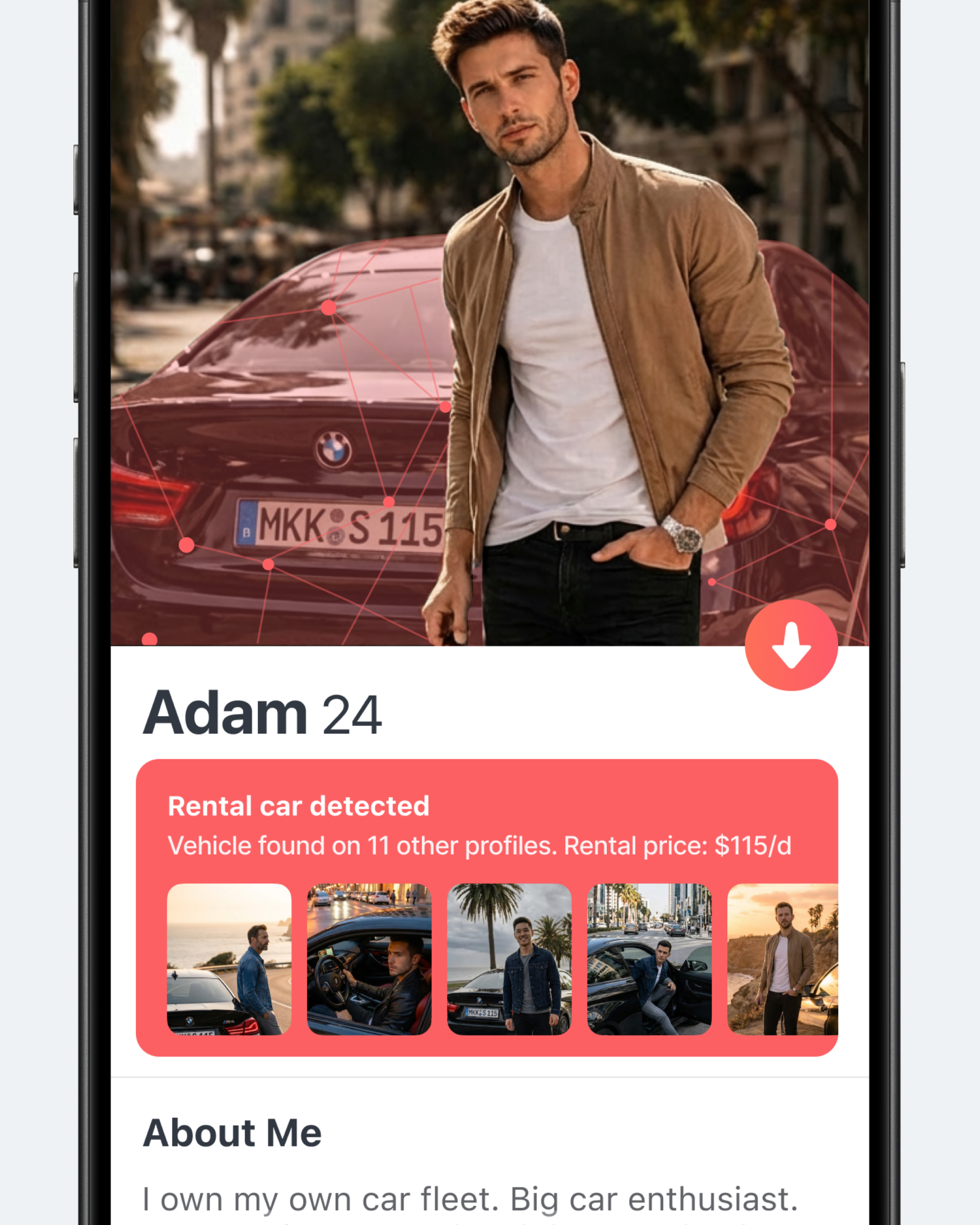 Концепт: профиль Tinder с детекцией арендной машины по фото пользователя