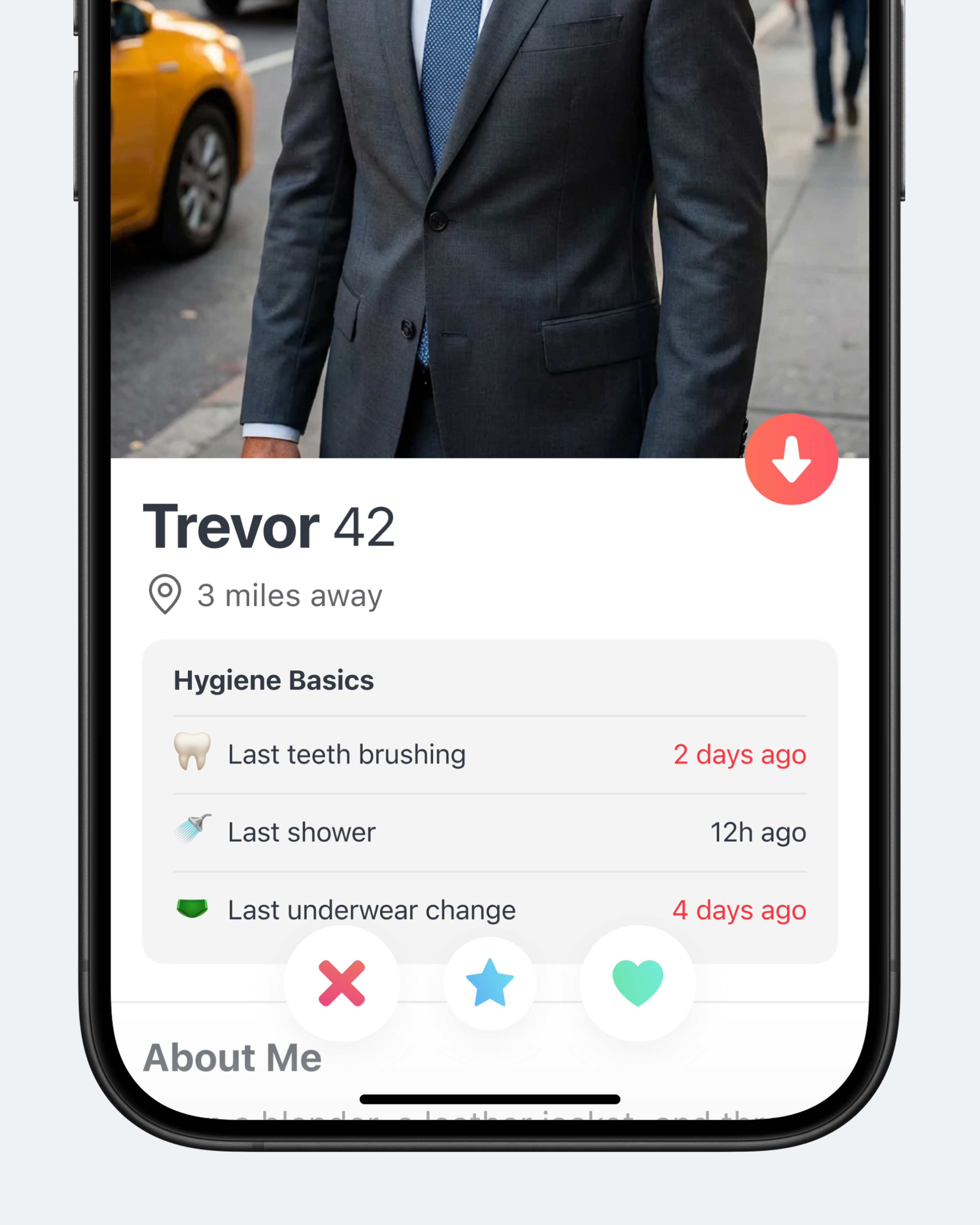 Концепт: профиль Tinder с гигиенической сводкой о человеке