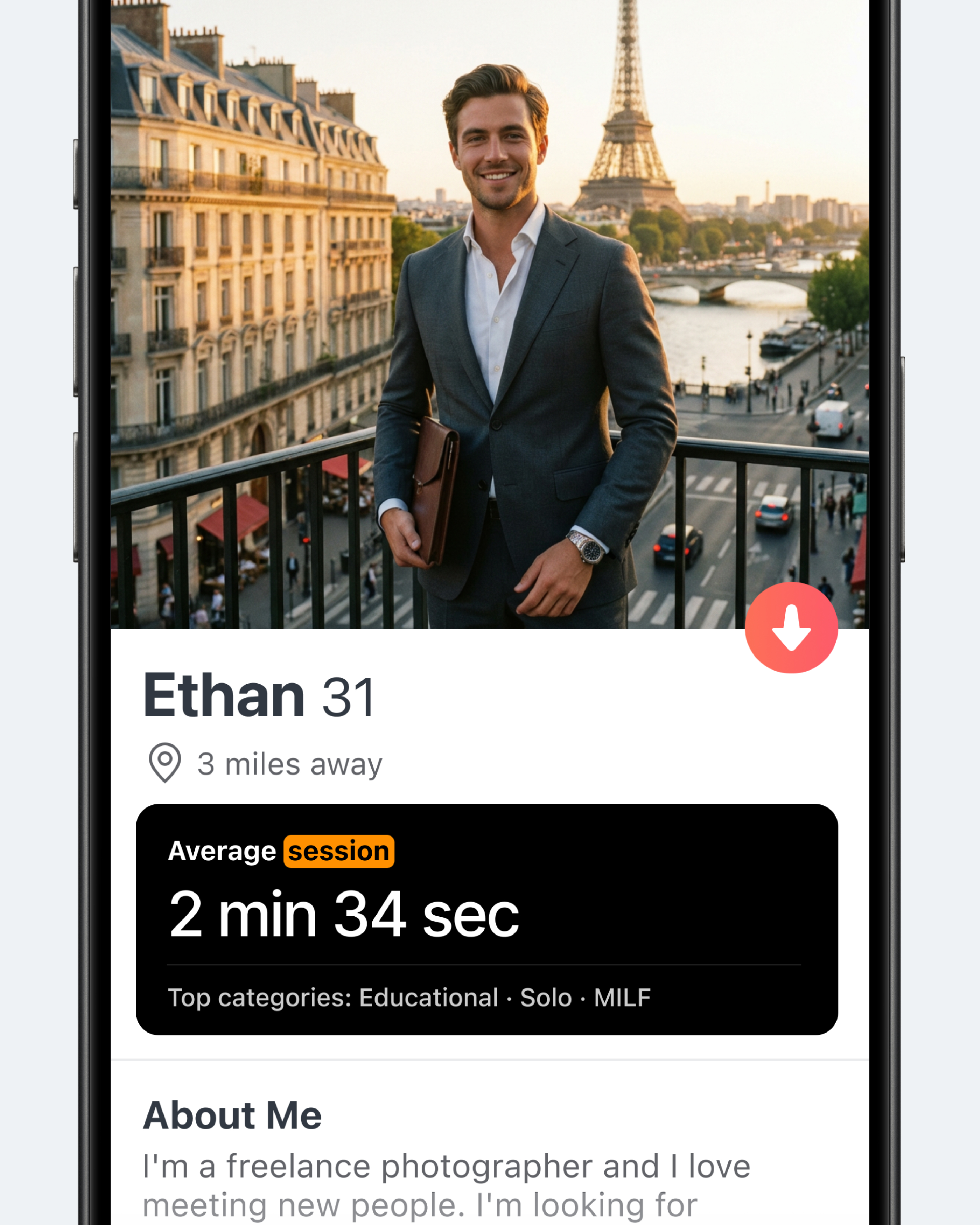 Концепт: профиль Tinder с информацией о среднем времени сеанса на взрослых сайтах