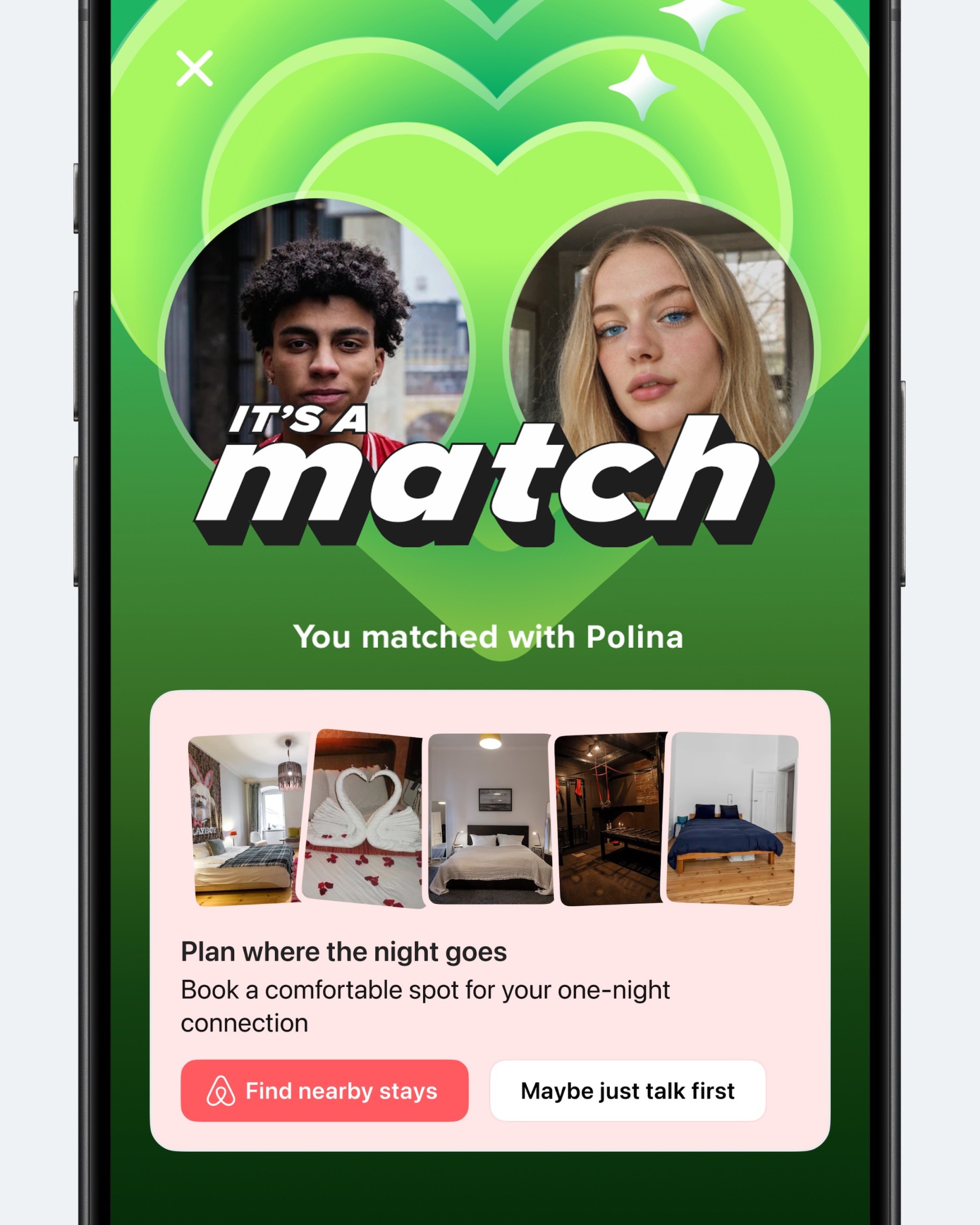 Концепт: экран мэтча Tinder с предложением забронировать квартиру на одну ночь