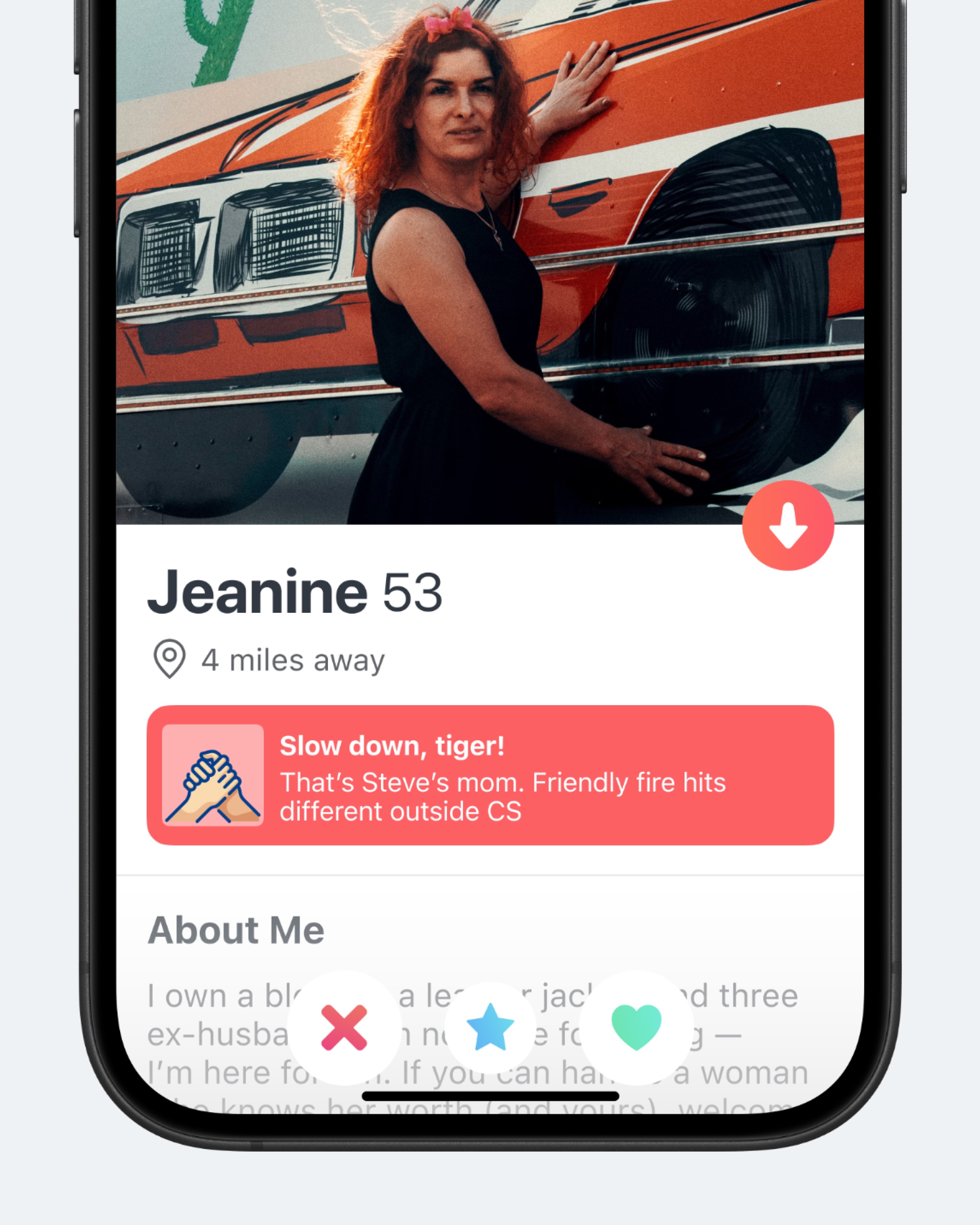 Концепт: карточка Tinder с предупреждением, что это родственница друга