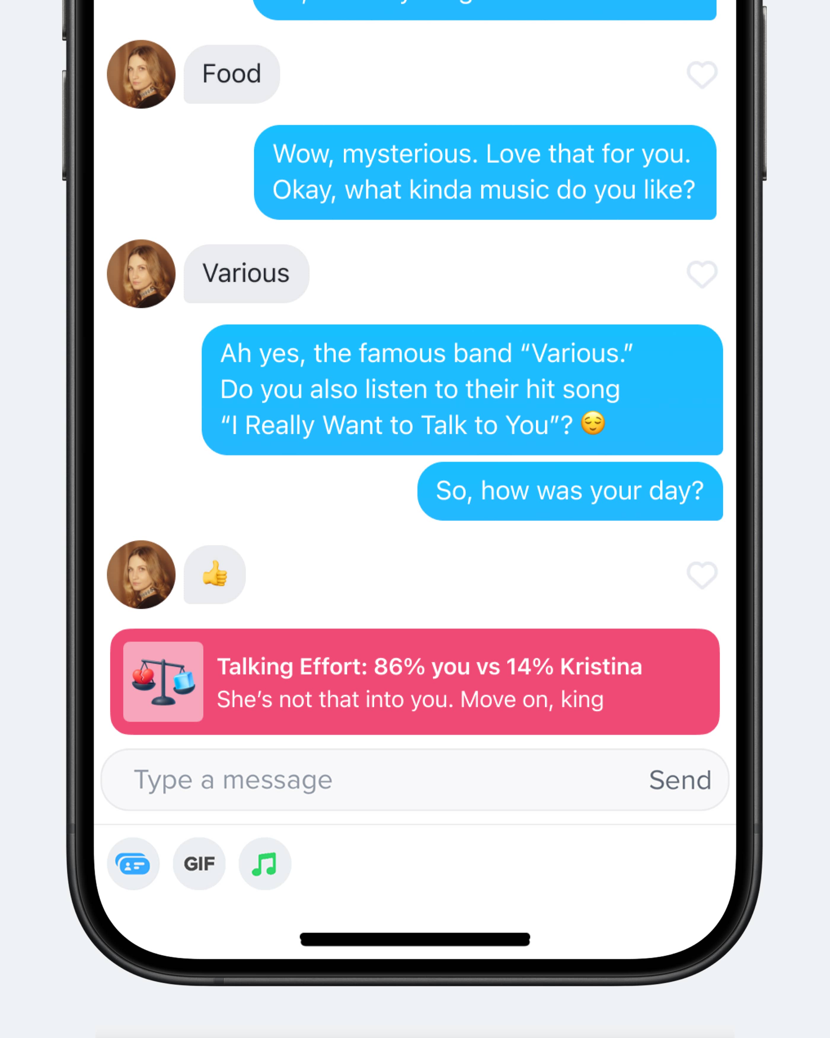 Концепт: уведомление Tinder об асимметрии вклада в переписку с процентом участия каждого