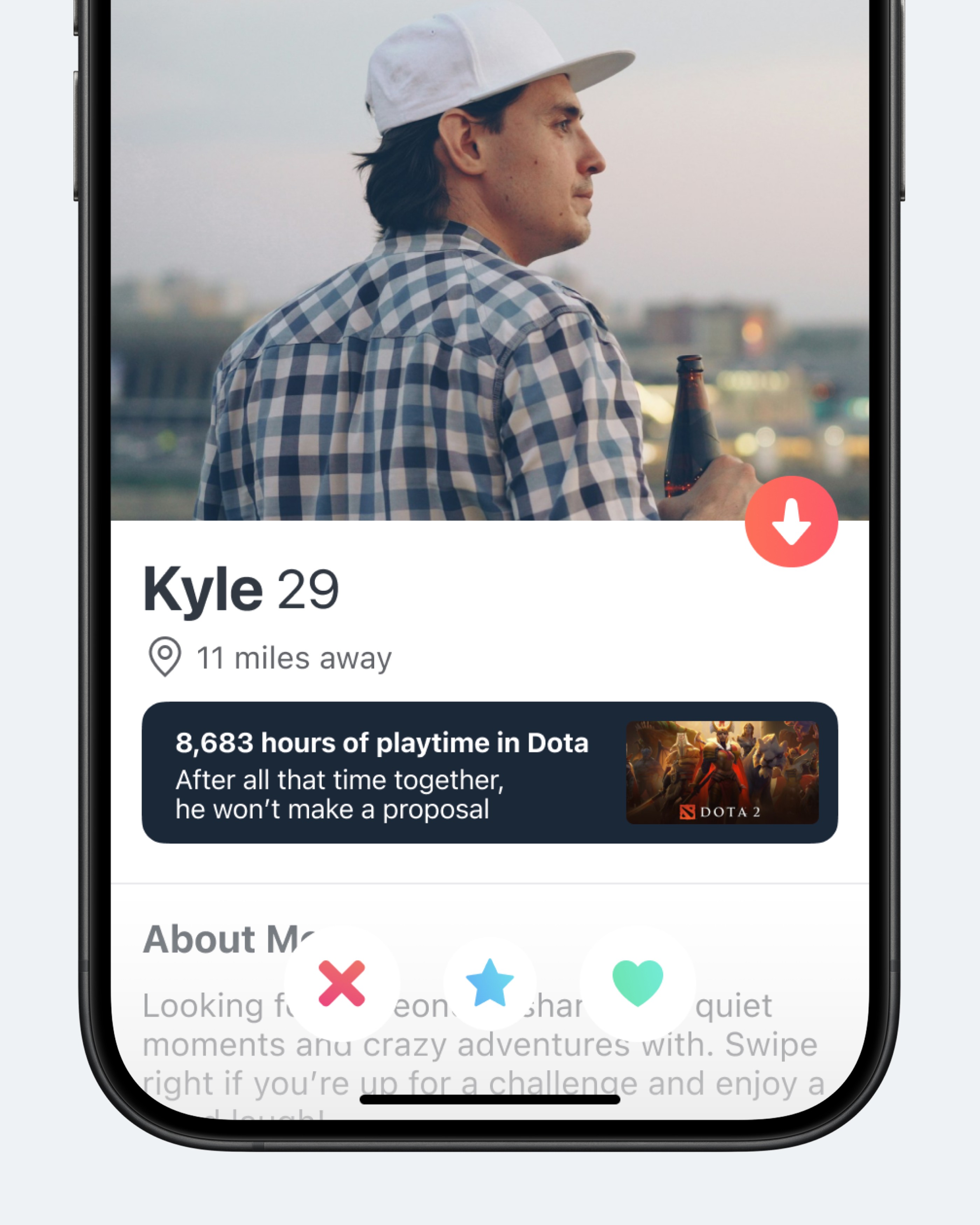 Концепт: карточка Tinder с информацией об часах, проведённых в Dota 2