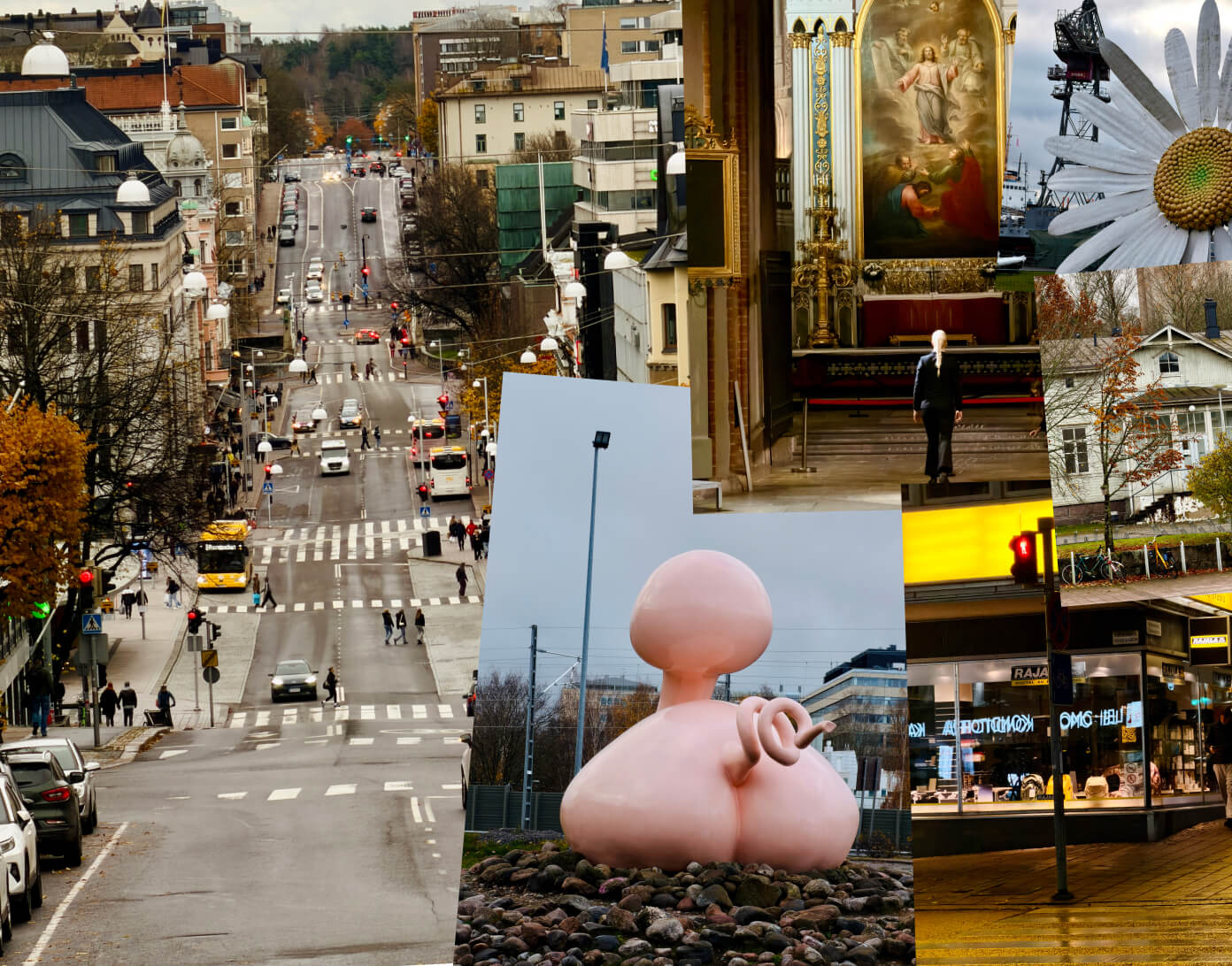 Collage of various scenes: cityscape with vehicles, church interior with art, a sculpture, and buildings.