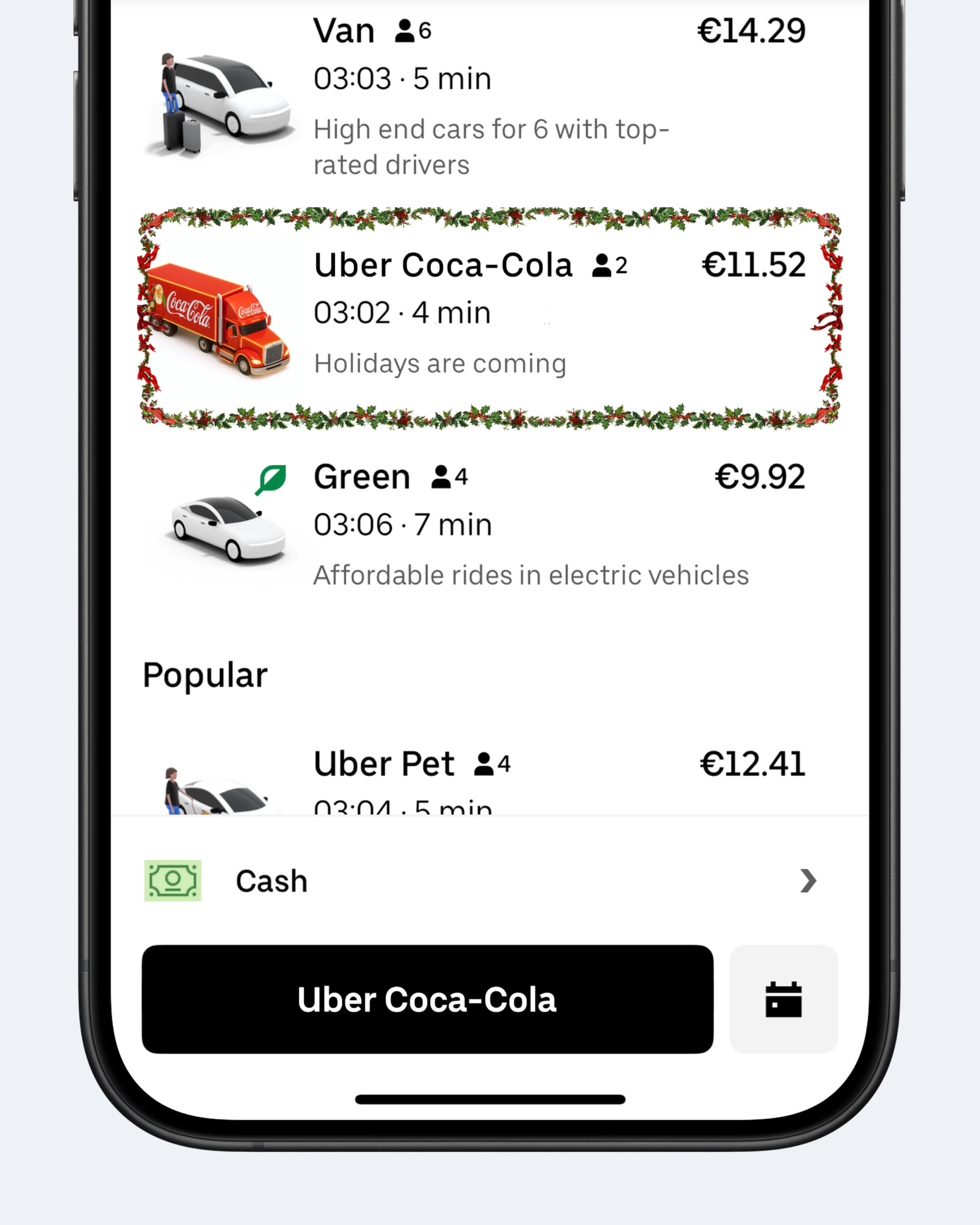 Концепт: экран выбора транспорта в Uber с праздничным вариантом на грузовике Coca-Cola