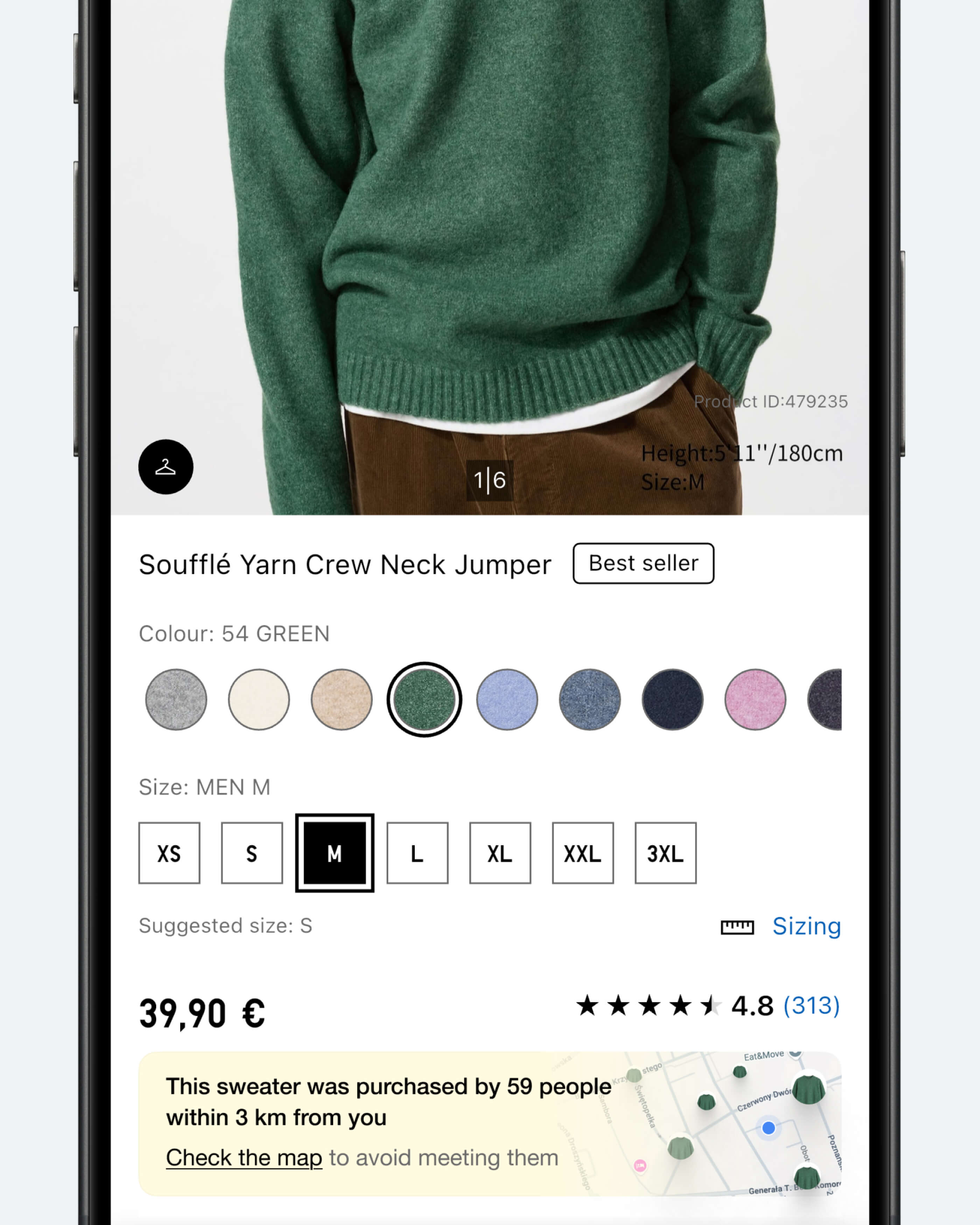 Концепт: экран товара Uniqlo с информацией о местных покупателях того же свитера