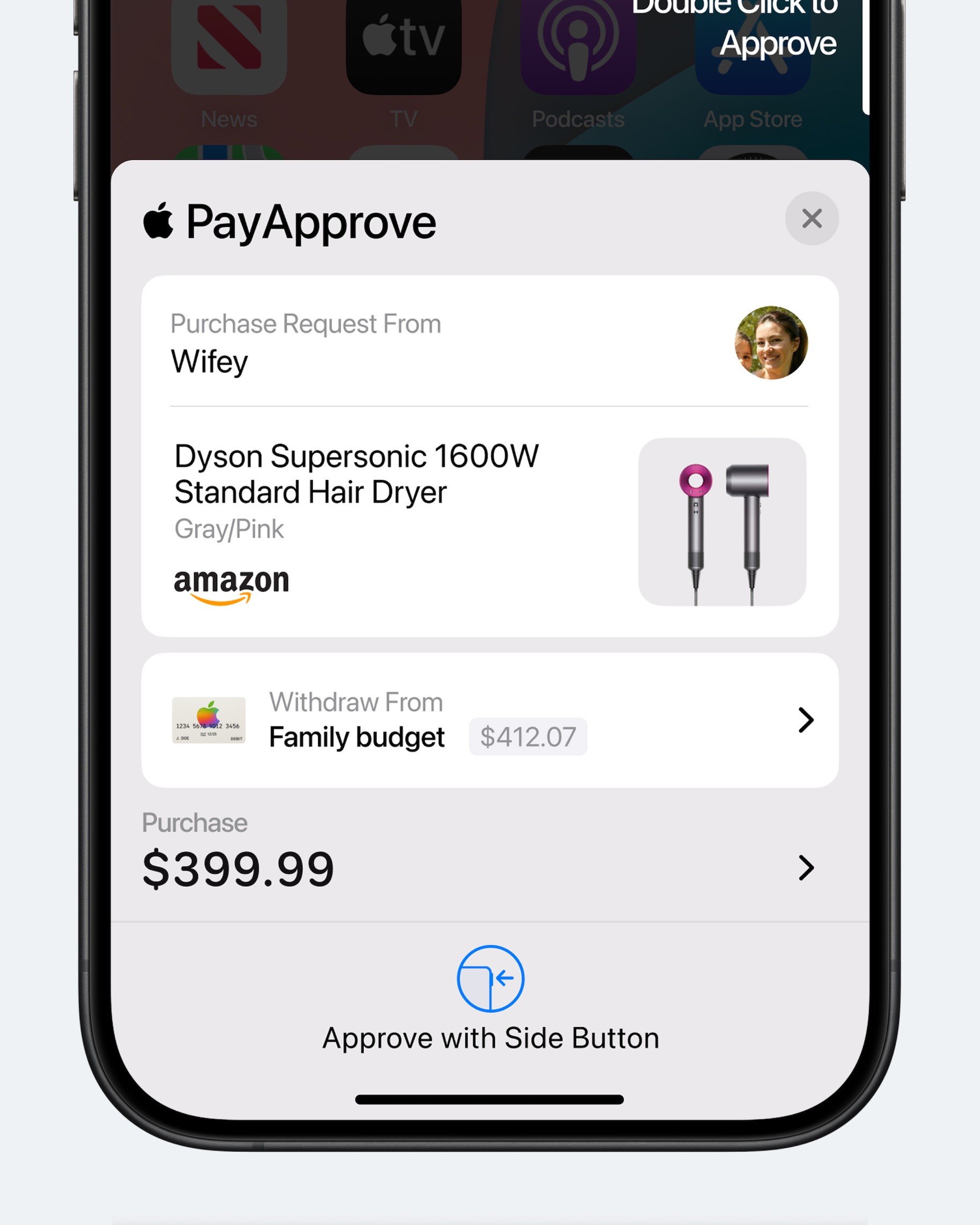 Концепт: экран Apple Pay с запросом на подтверждение покупки от члена семьи