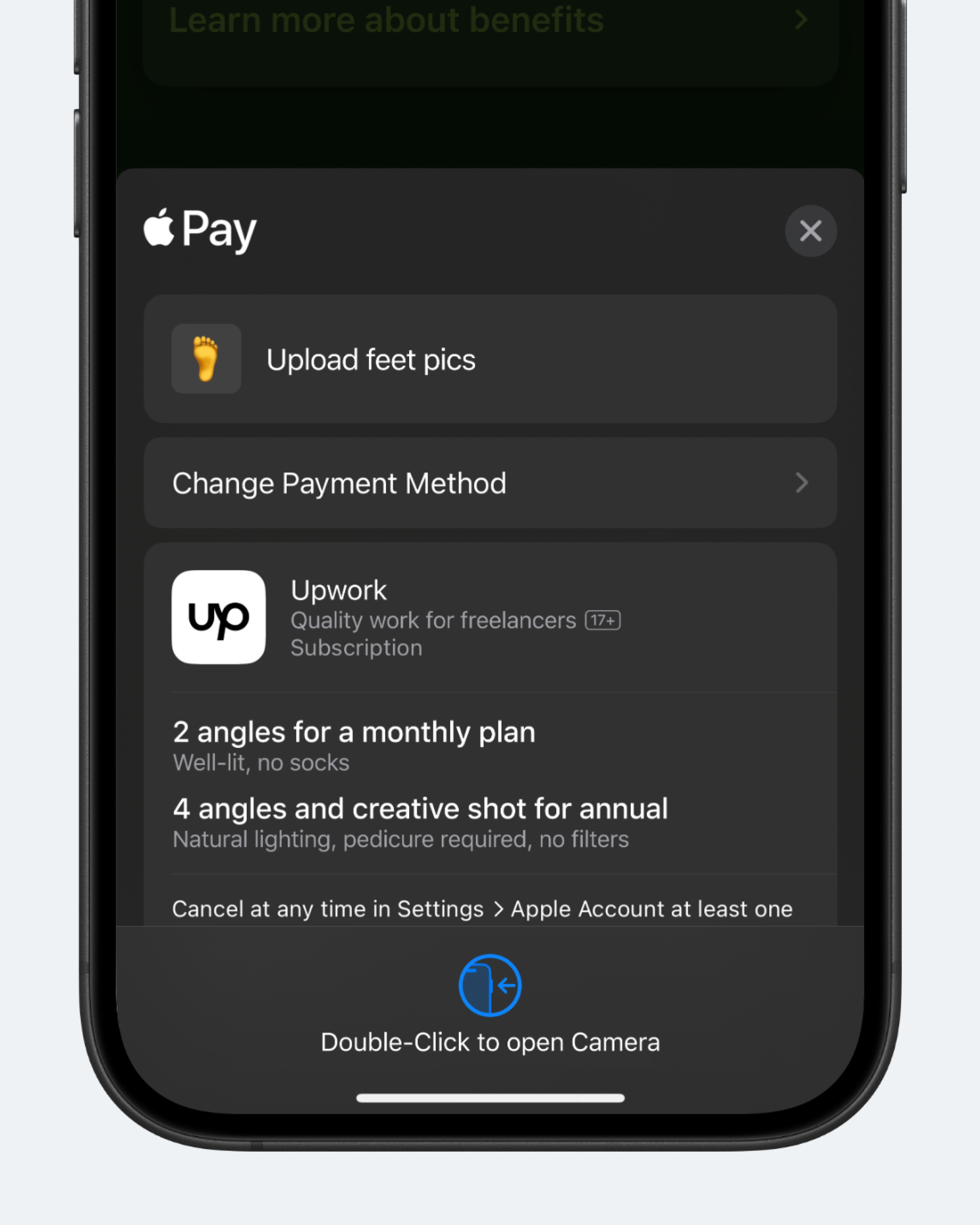 Концепт: экран Apple Pay с опцией оплаты фотографиями ног вместо карты