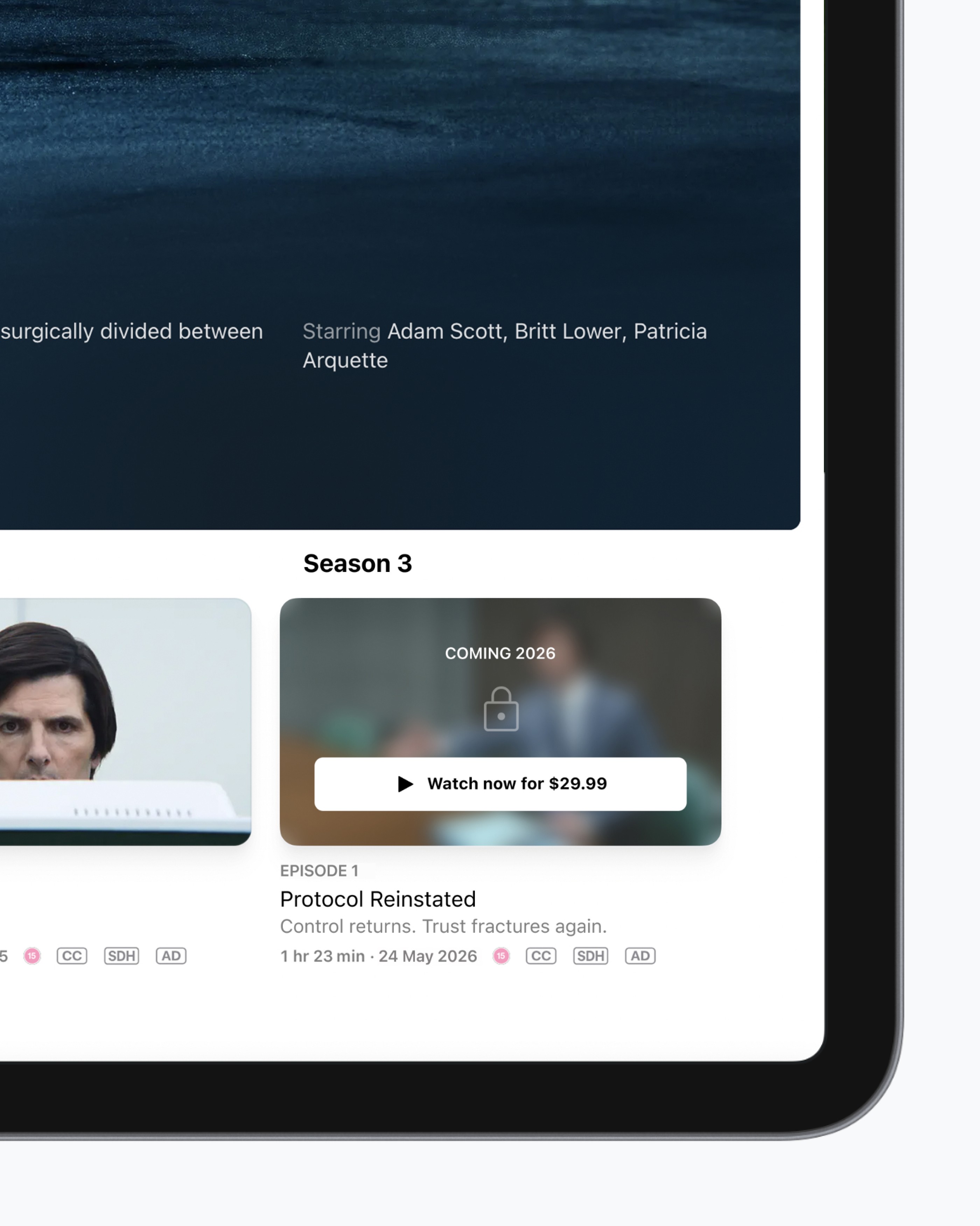 Концепт: интерфейс Apple TV с опцией платного просмотра невышедшей серии сериала раньше времени
