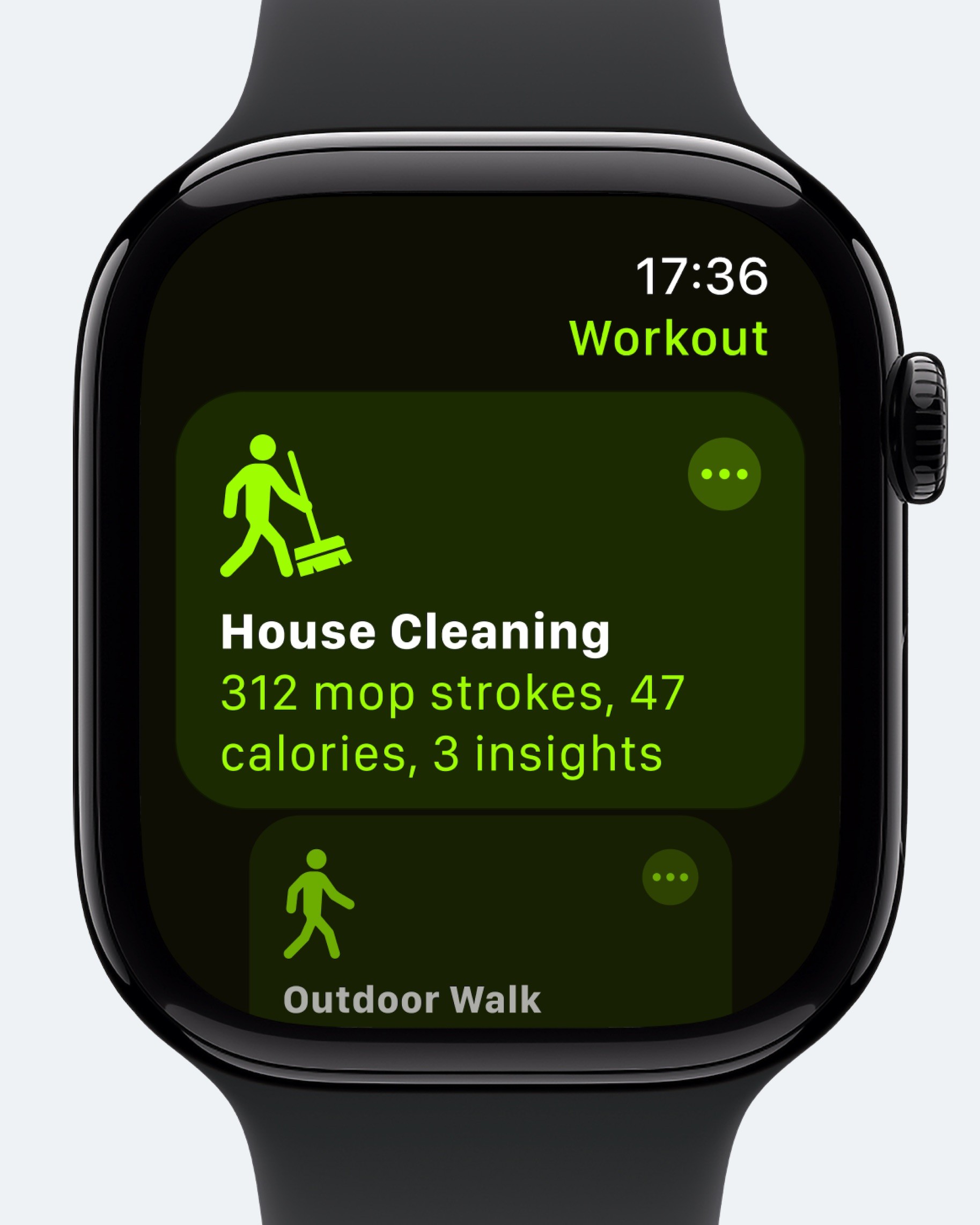 Концепт: новая тренировка «Уборка дома» в Apple Watch с отслеживанием активности