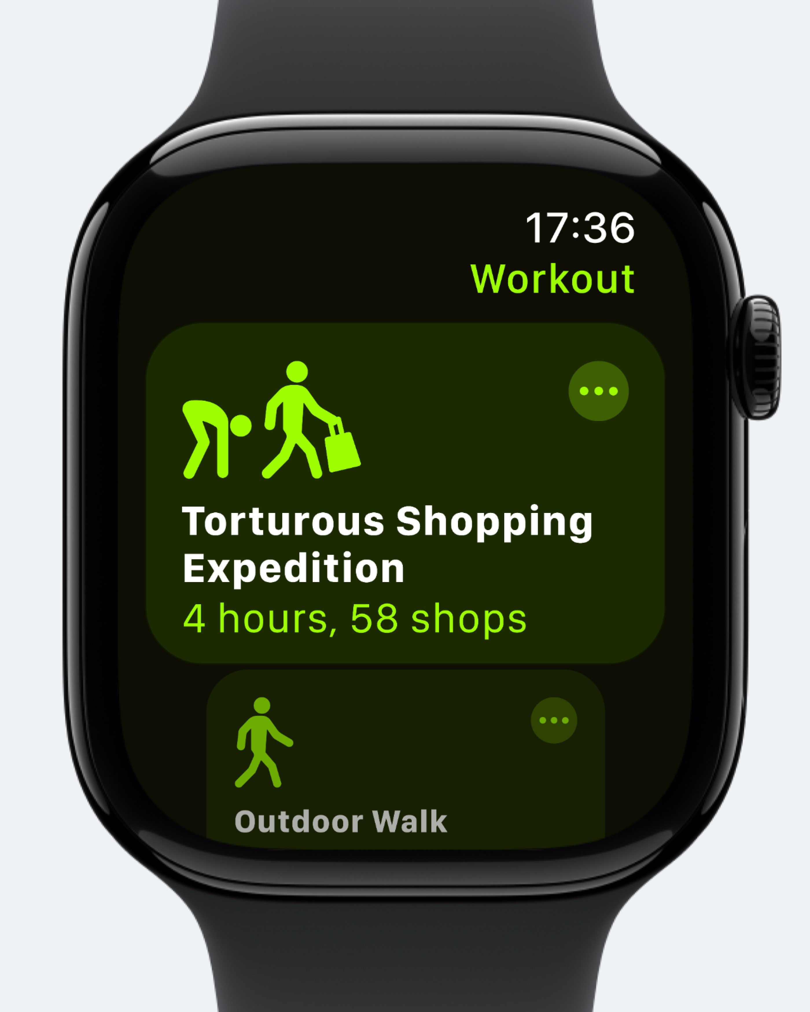 Концепт: тренировка Apple Watch «Мучительный шопинг» с отслеживанием активности в приложении Apple Health