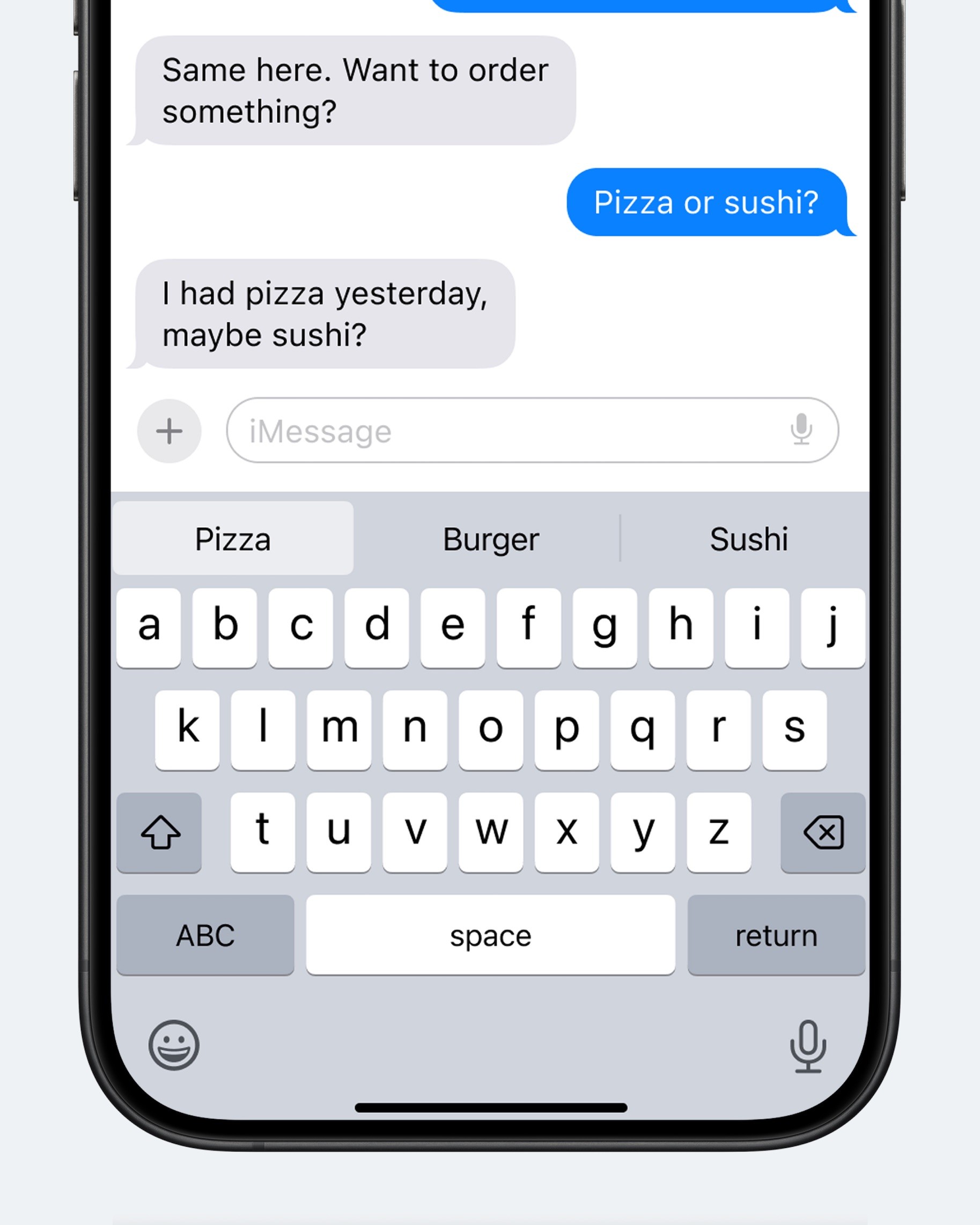 A close-up of a smartphone screen displaying a text message conversation with a keyboard at the bottom.