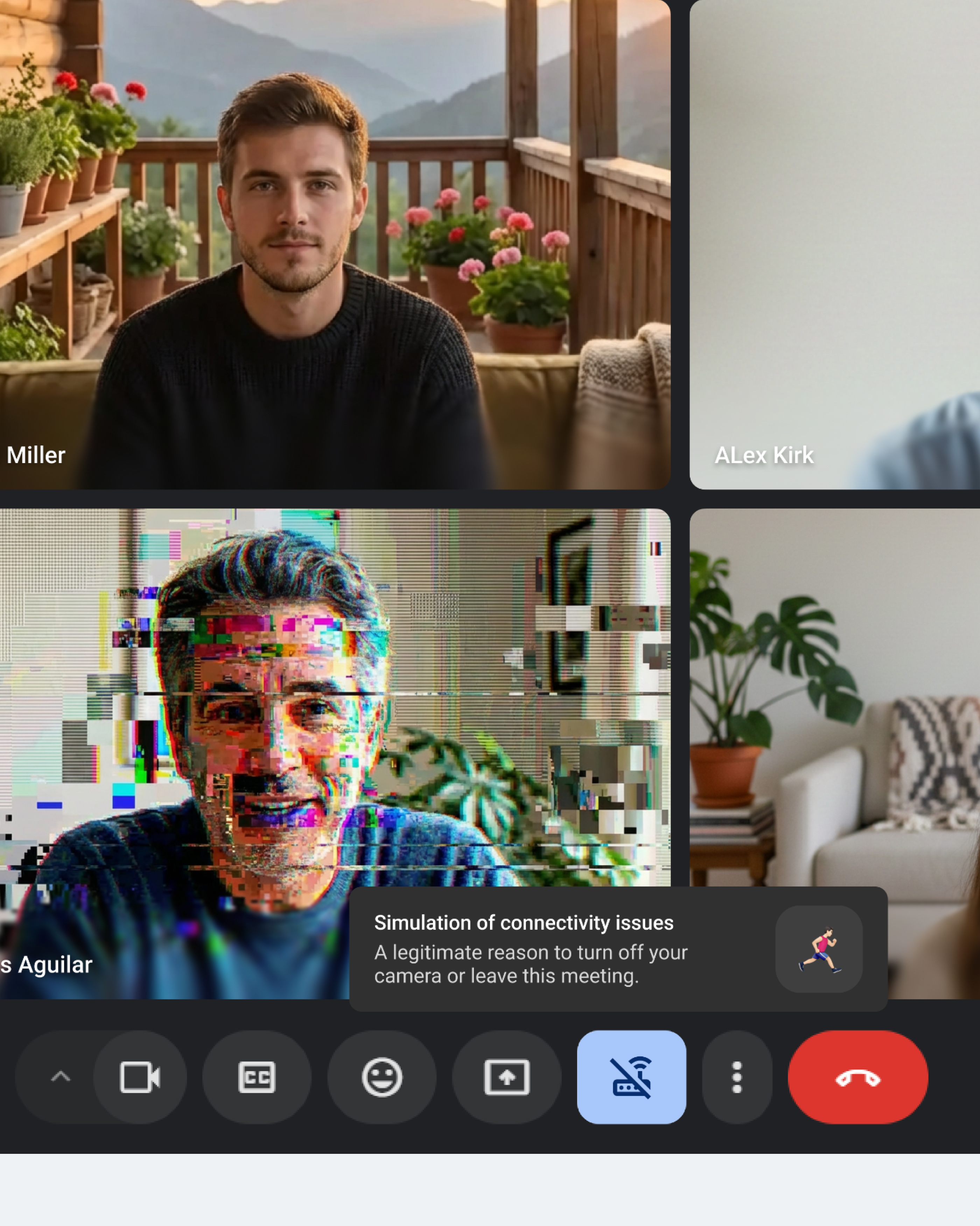 Концепт: интерфейс Google Meet с функцией имитации проблем со связью для видеозвонков