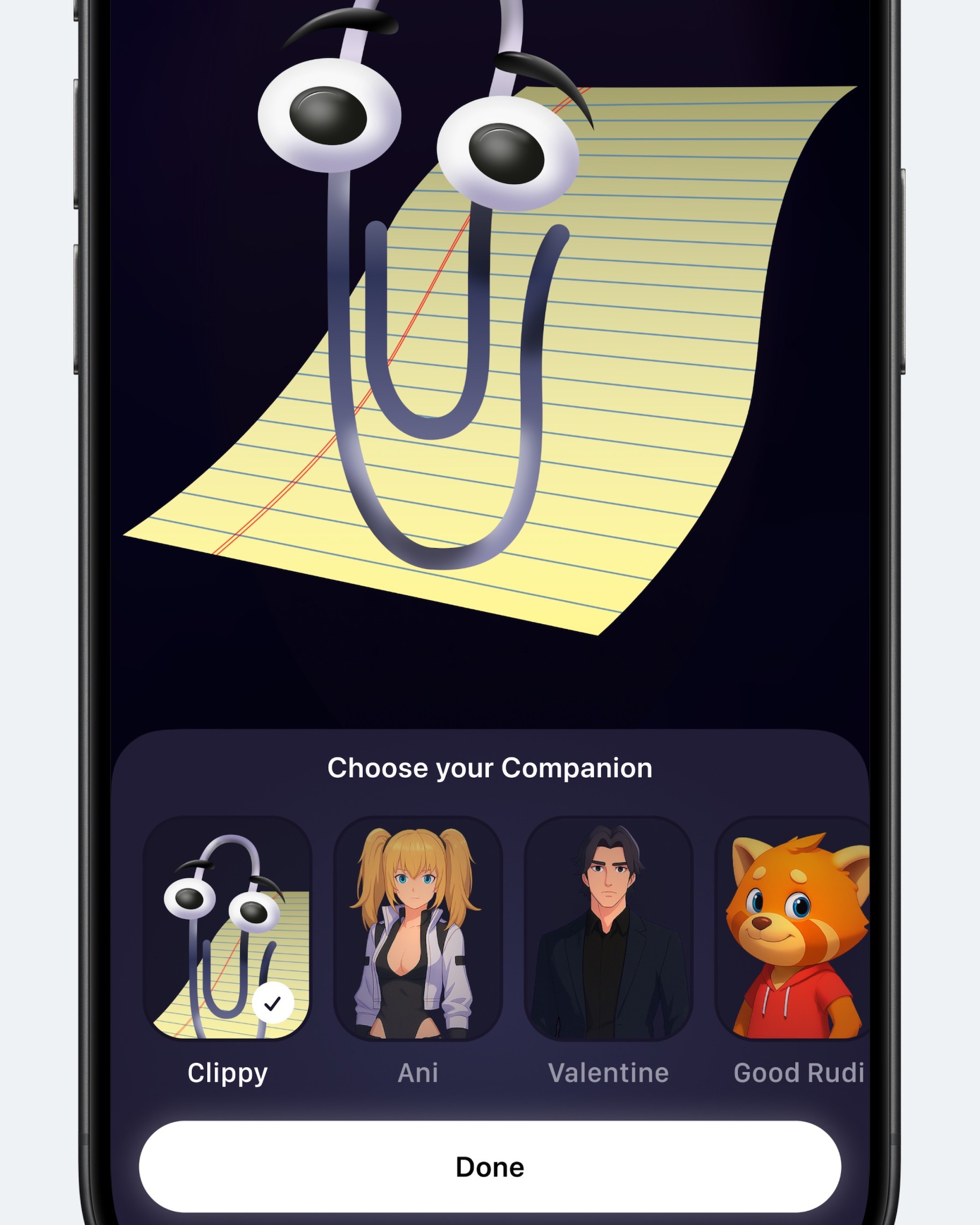 Концепт: экран выбора AI-компаньона в Grok со скрепкой Clippy и другими персонажами
