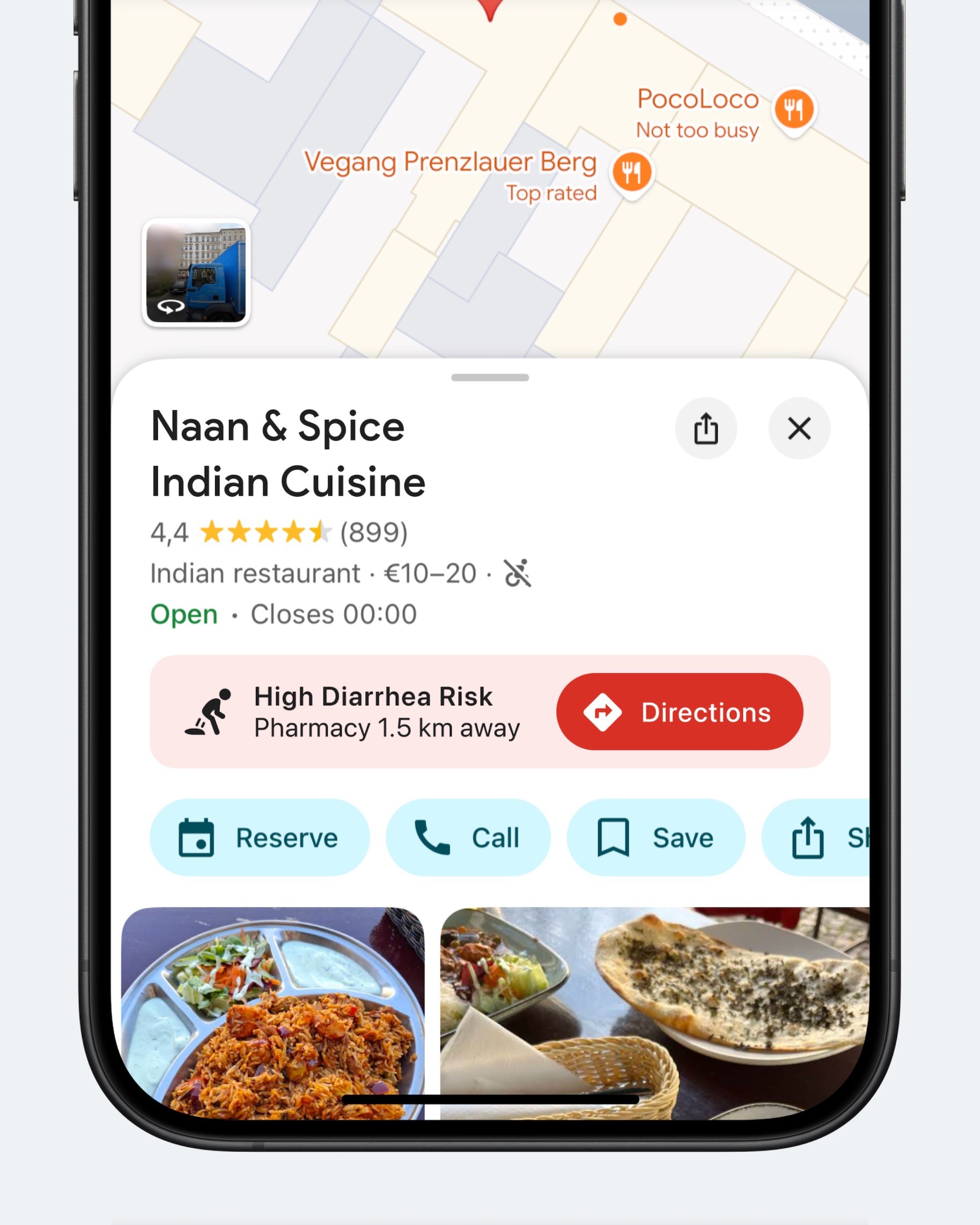 Концепт: карточка ресторана Google Maps с предупреждением о высоком риске диареи и адресом аптеки поблизости