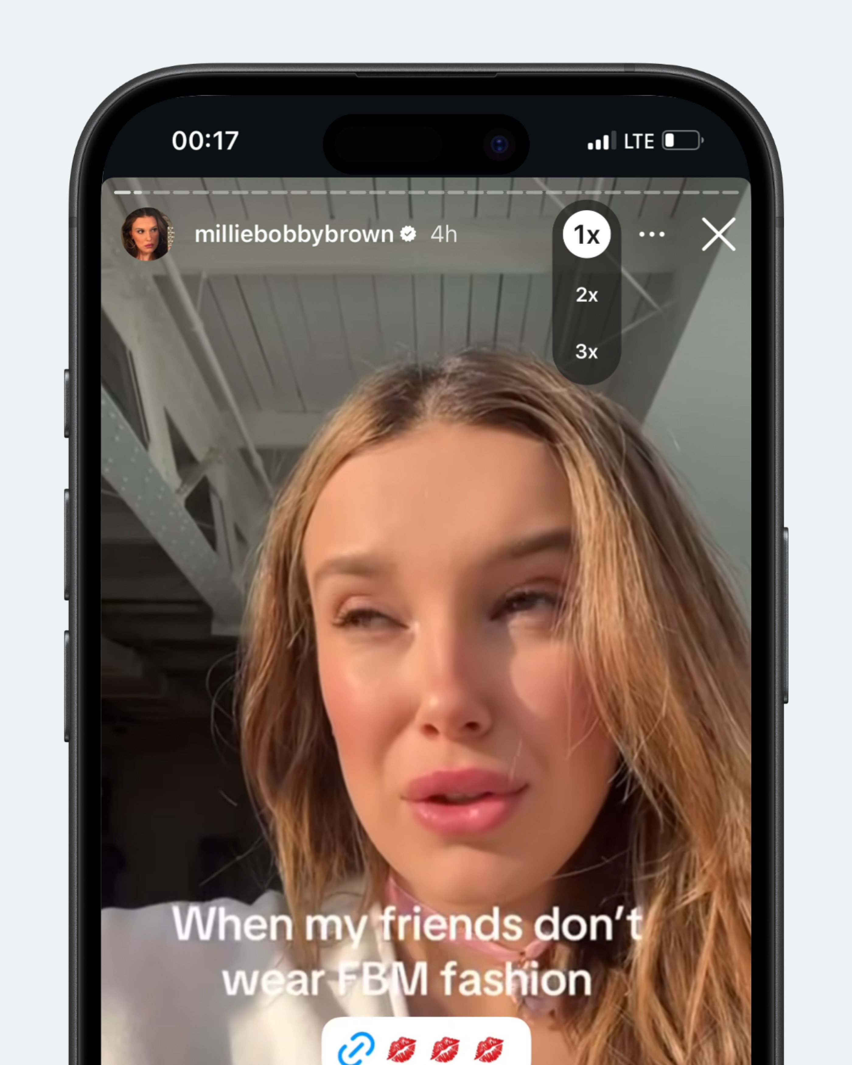 Концепт: интерфейс просмотра сторис Instagram с меню выбора скорости воспроизведения (1x, 2x, 3x)