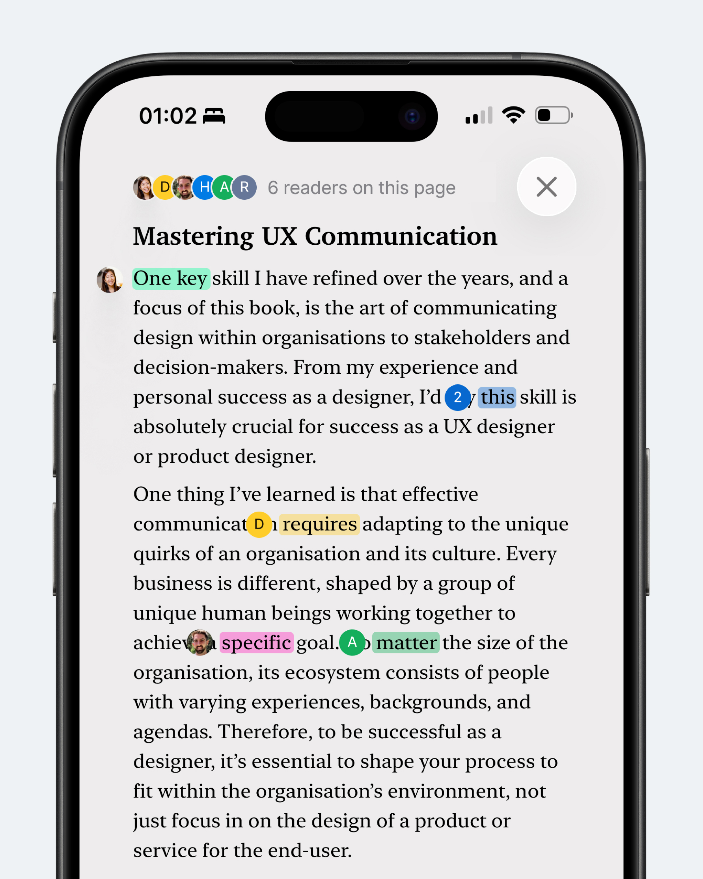 Концепт: интерфейс совместного чтения книги в Apple Books на iOS с аннотациями читателей