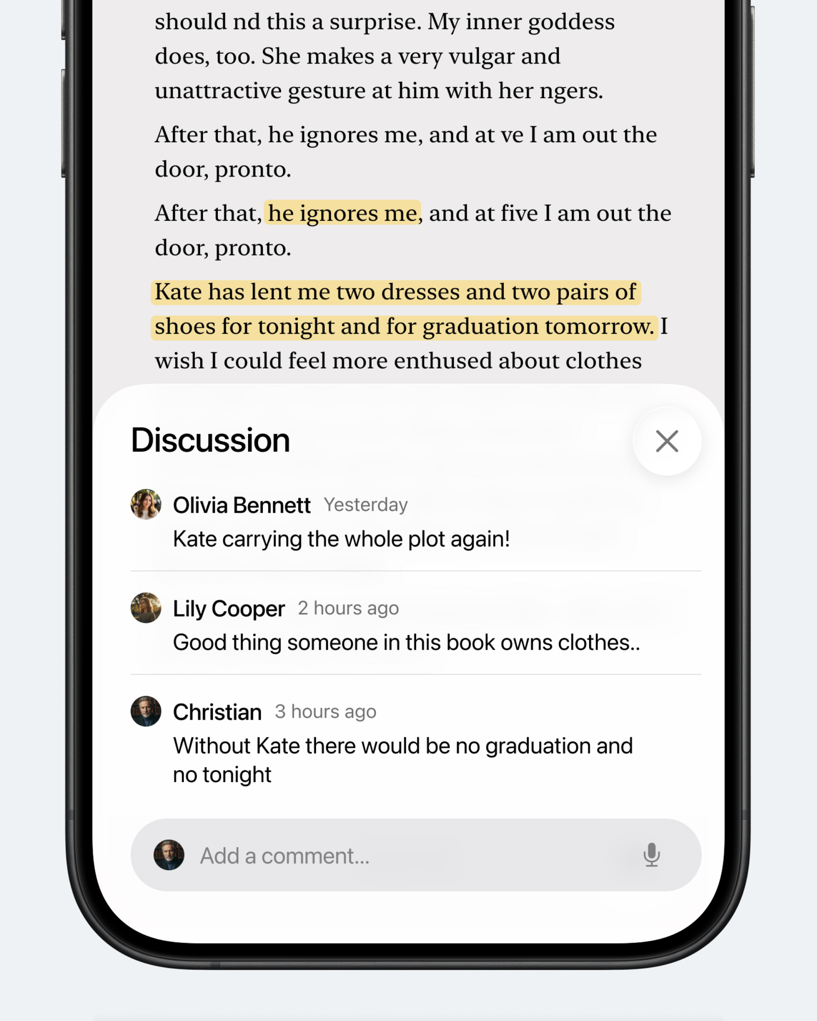 Концепт: экран книги iOS с выделенными фрагментами текста и секцией комментариев от читателей