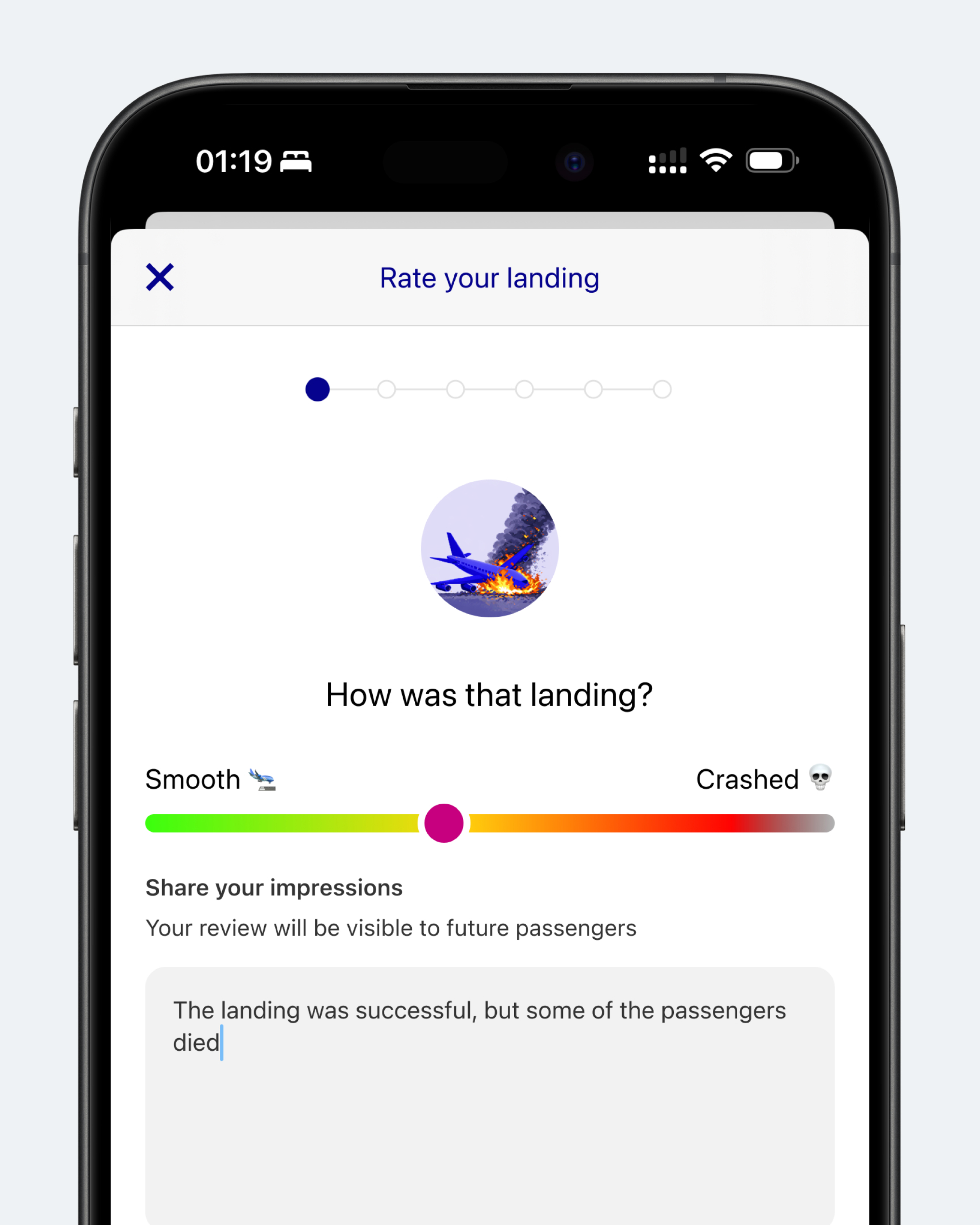 Концепт: экран оценки качества посадки самолета в приложении Wizzair
