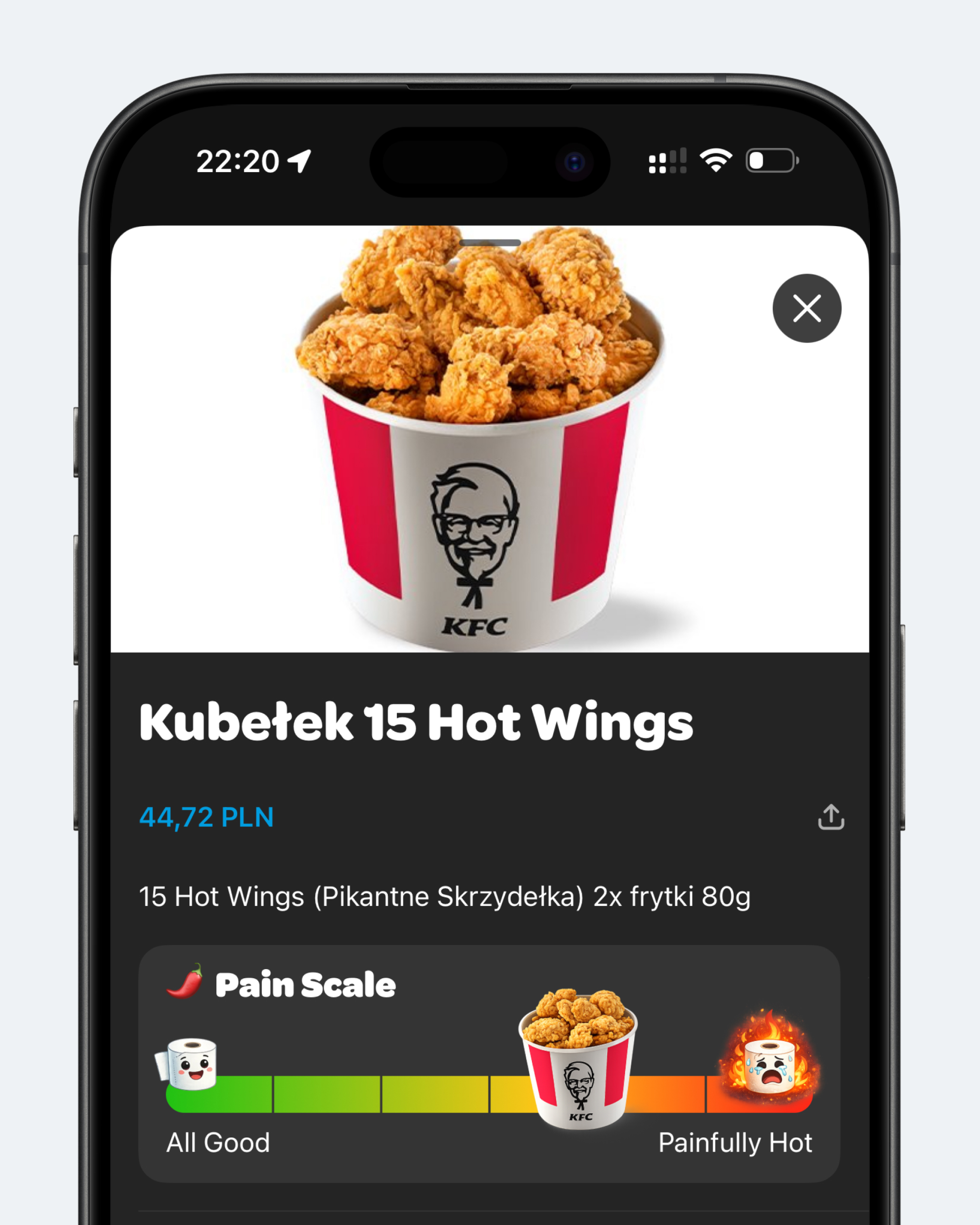 Концепт: карточка блюда в Bolt Food с визуальной шкалой остроты от mild до painfully hot