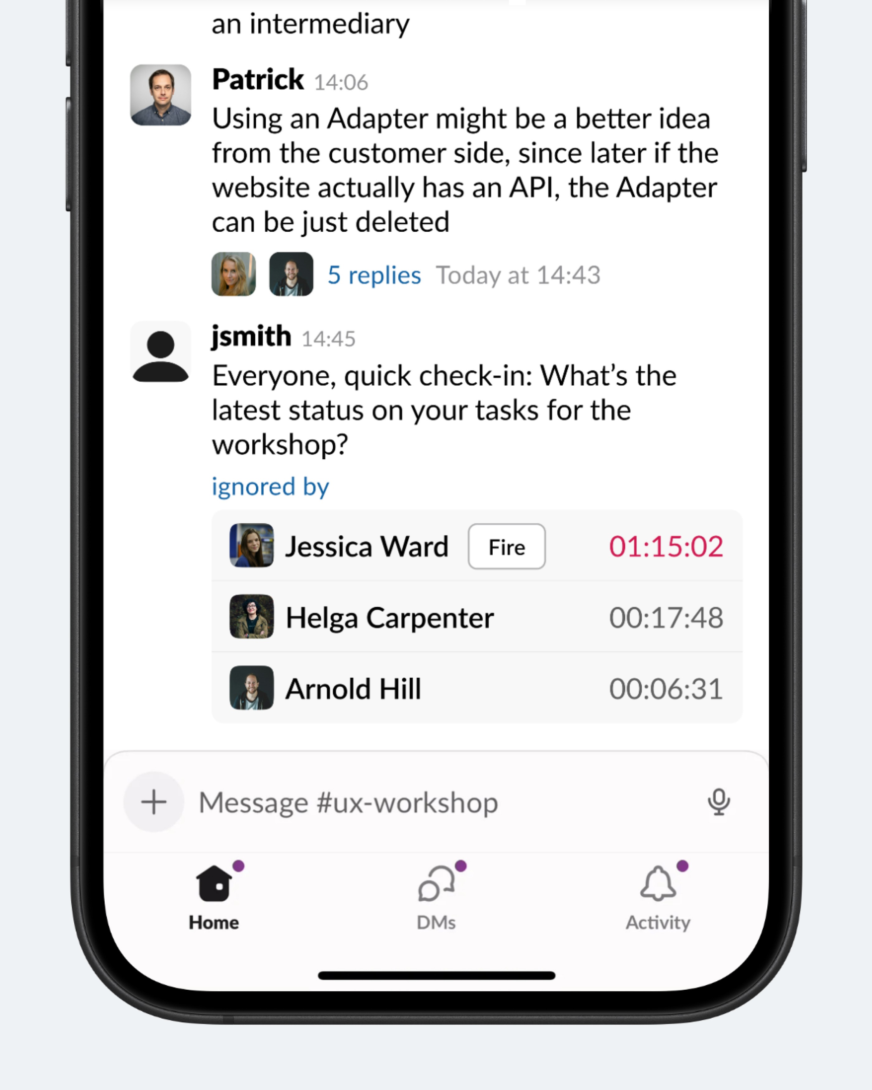 Концепт: интерфейс Slack с блоком игнорирующих сообщение пользователей и временем игнора