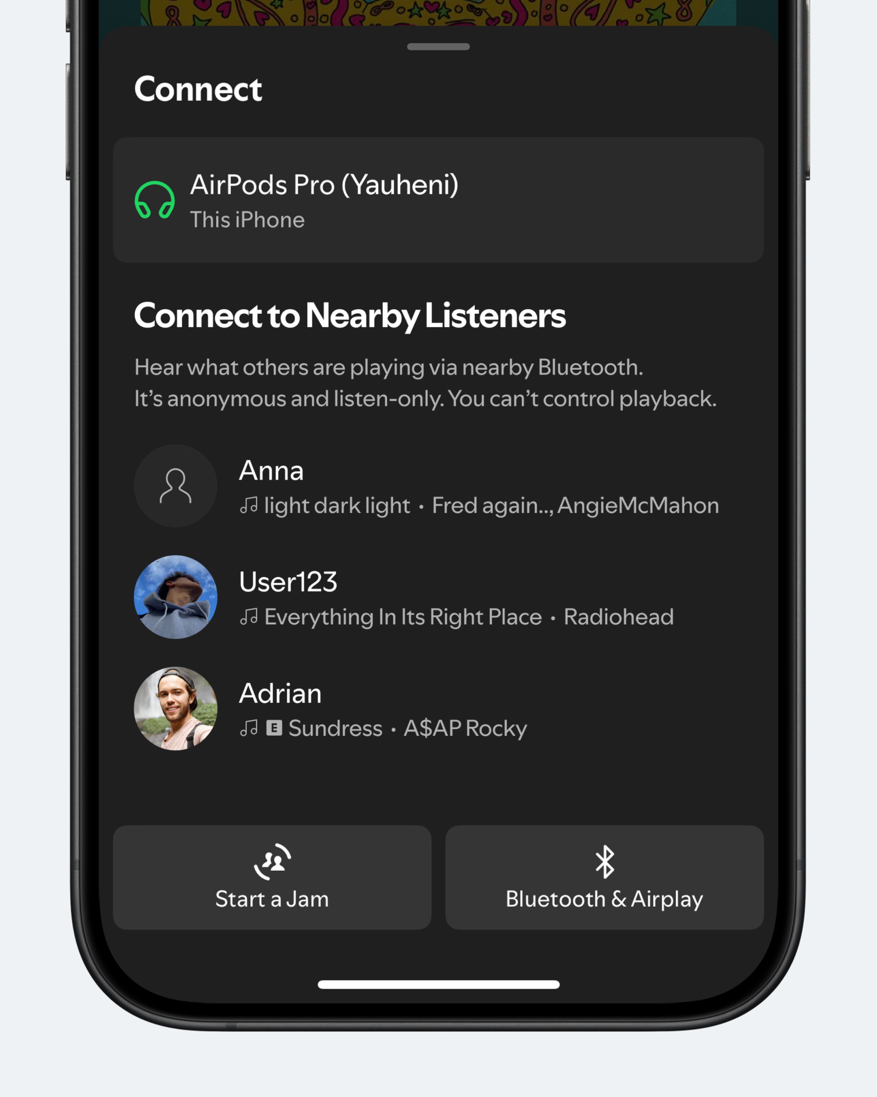 Концепт: экран Spotify с функцией подслушивания музыки соседних пользователей через Bluetooth