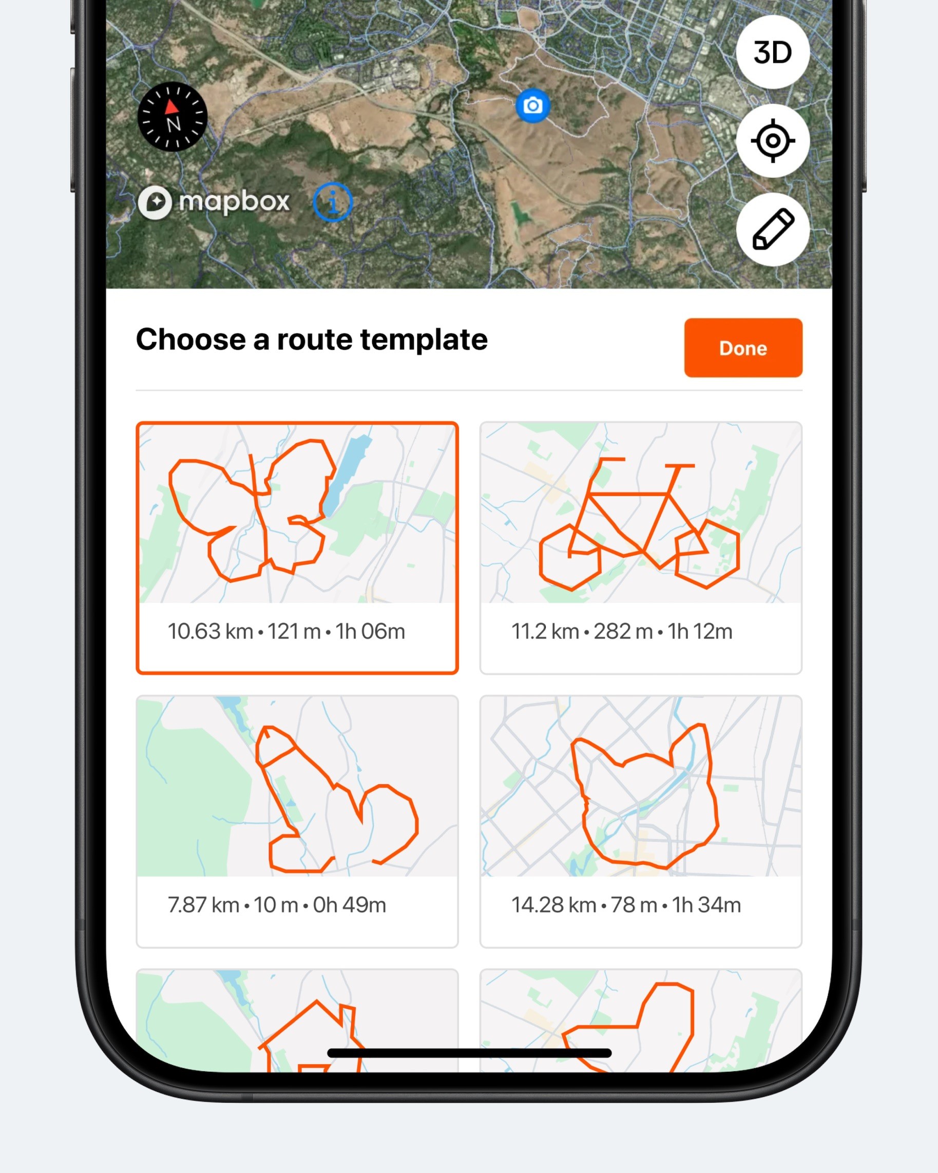 Концепт: экран выбора маршрута в Strava с шаблонами нарисованных на карте дорожек