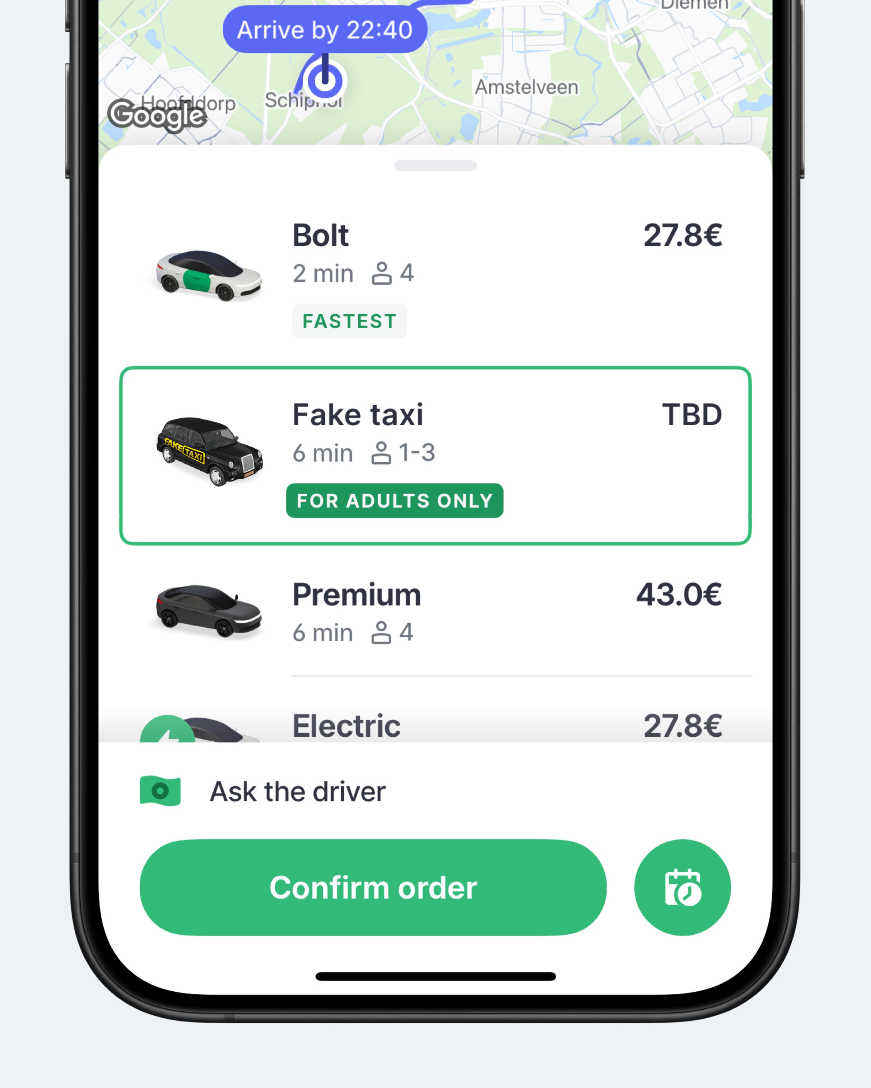 Концепт: экран Bolt с новым тарифом «Fake taxi» для взрослых без денег