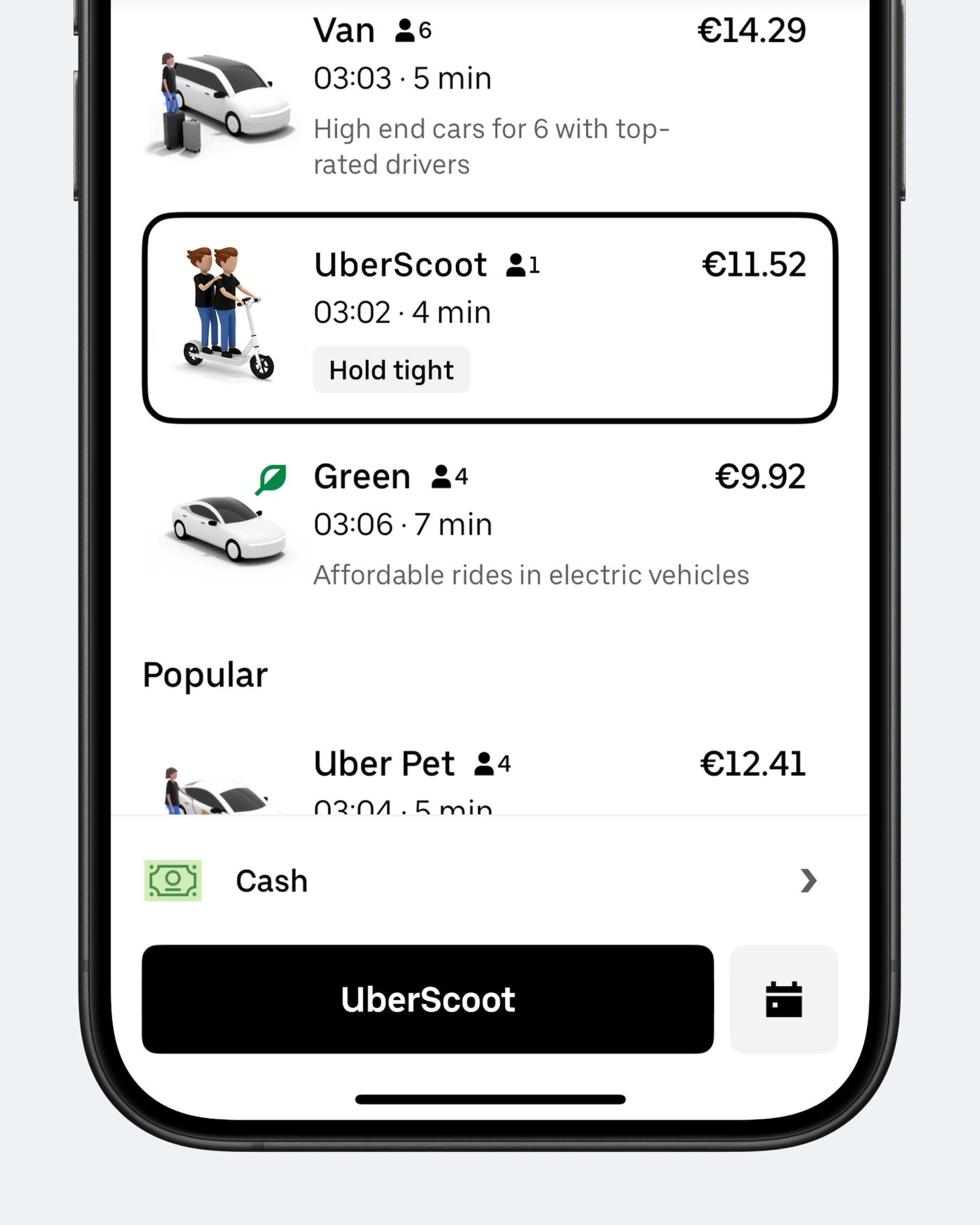 Концепт: экран выбора тариф Uber с новой опцией UberScoot для поездок на самокате