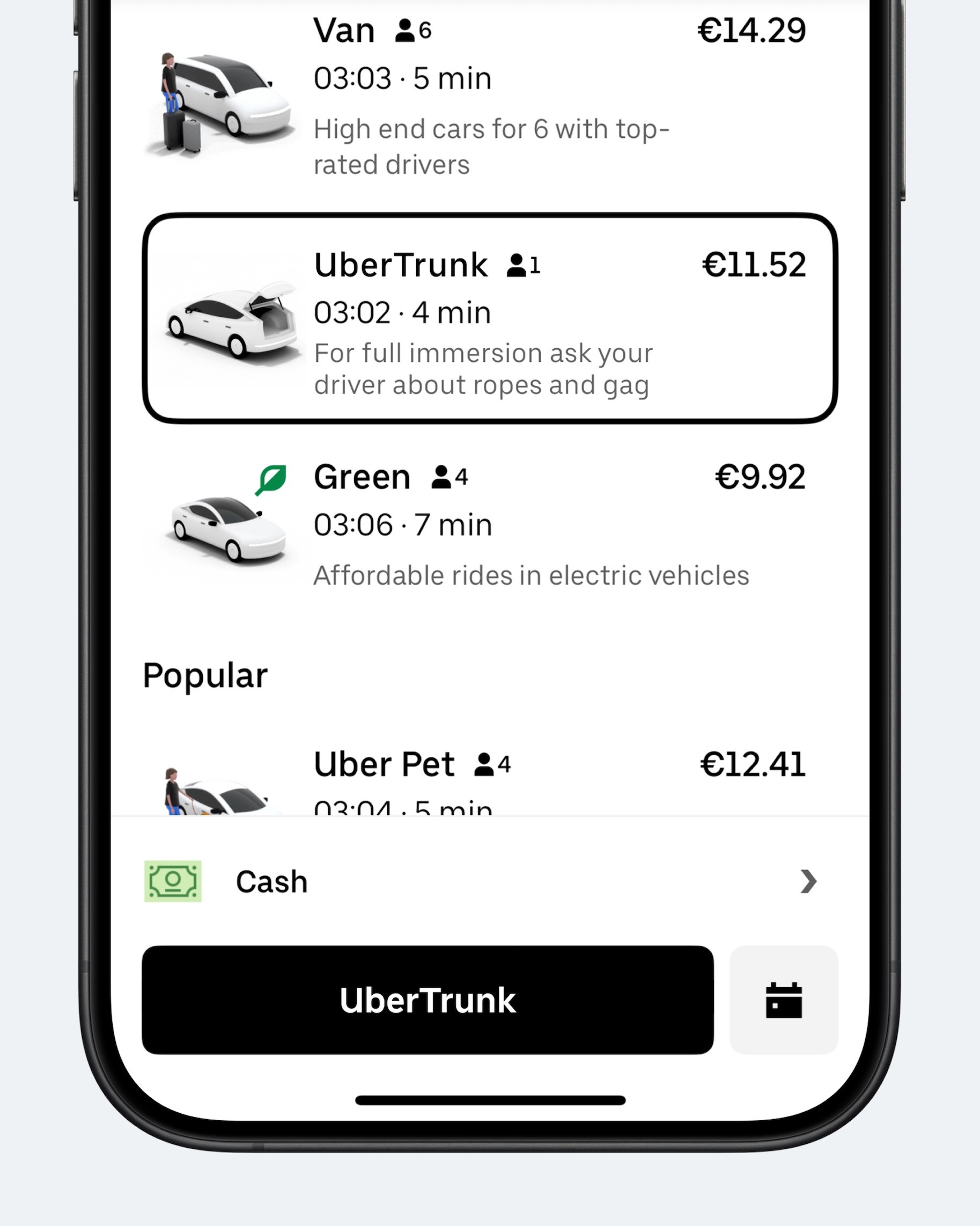 Концепт: экран Uber с новым тарифом UberTrunk для поездок в багажнике автомобиля