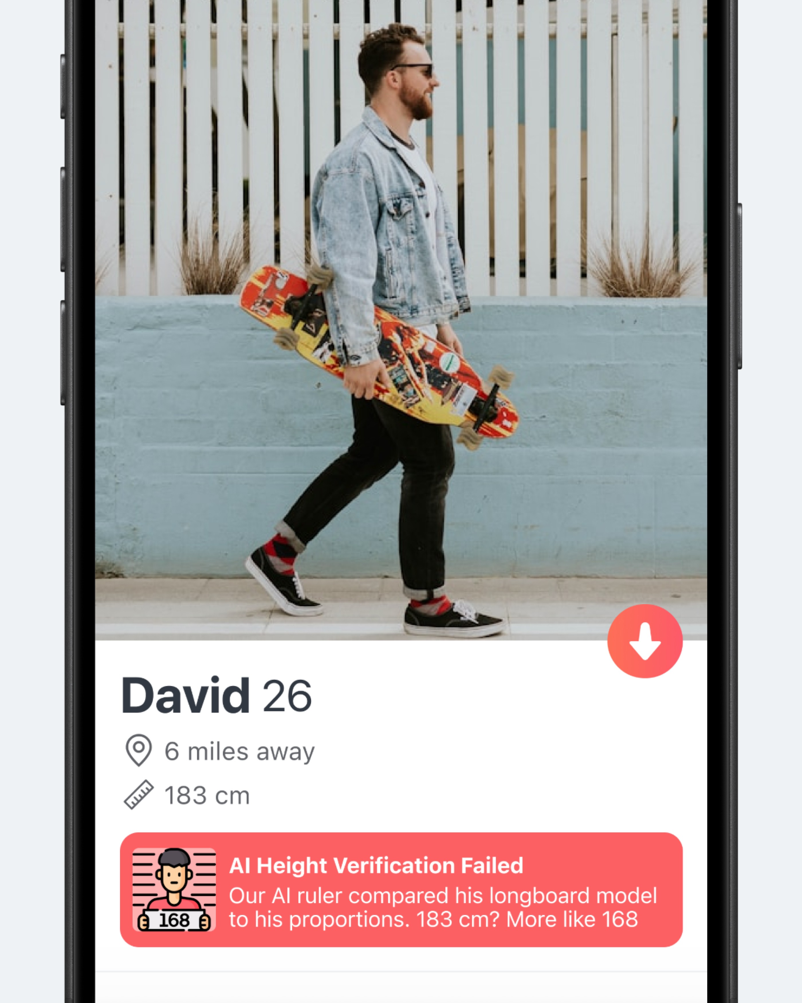 Концепт: профиль в Tinder с AI-проверкой достоверности роста по объектам на фото