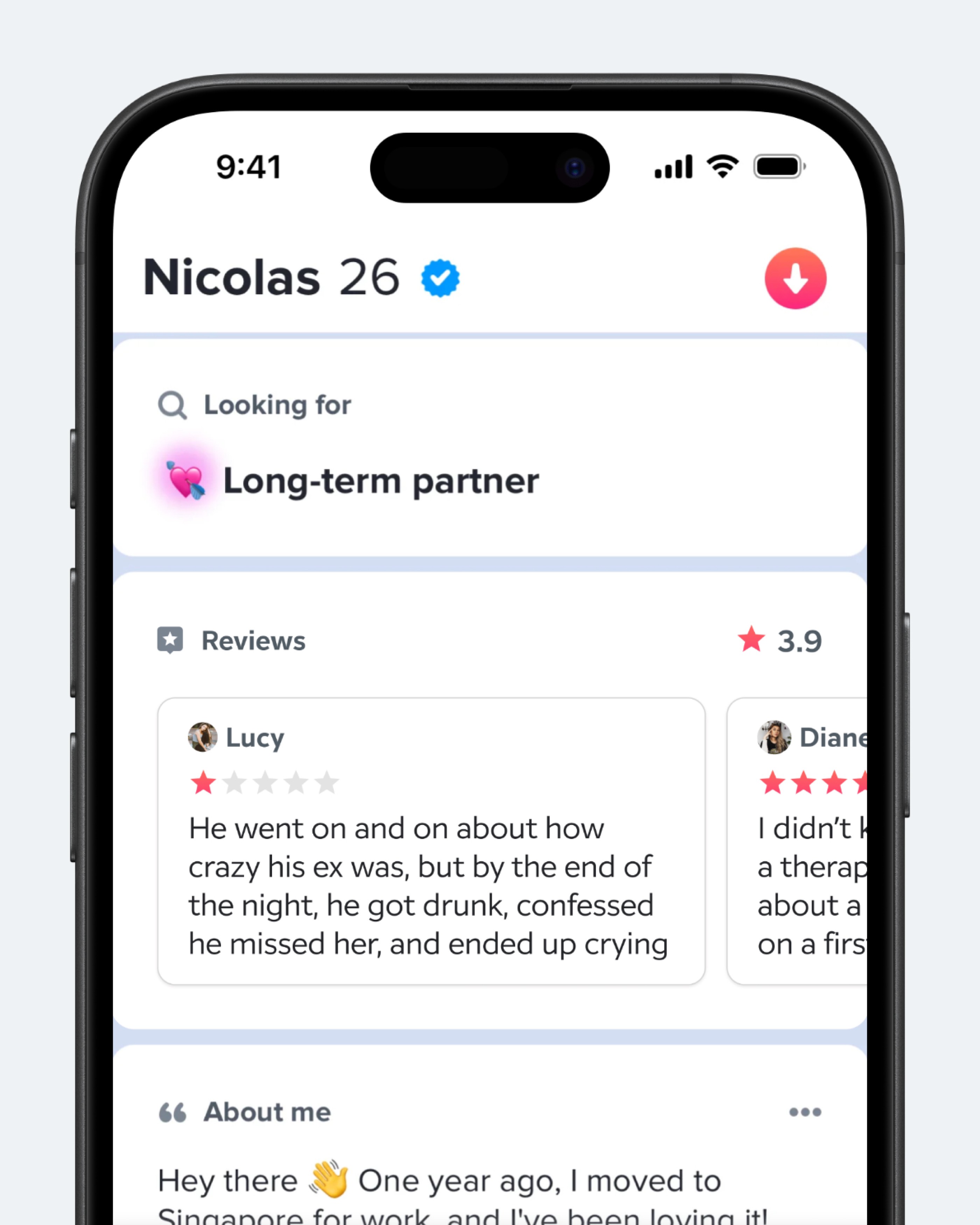 Концепт: профиль Tinder с рейтингом и отзывами других пользователей о человеке