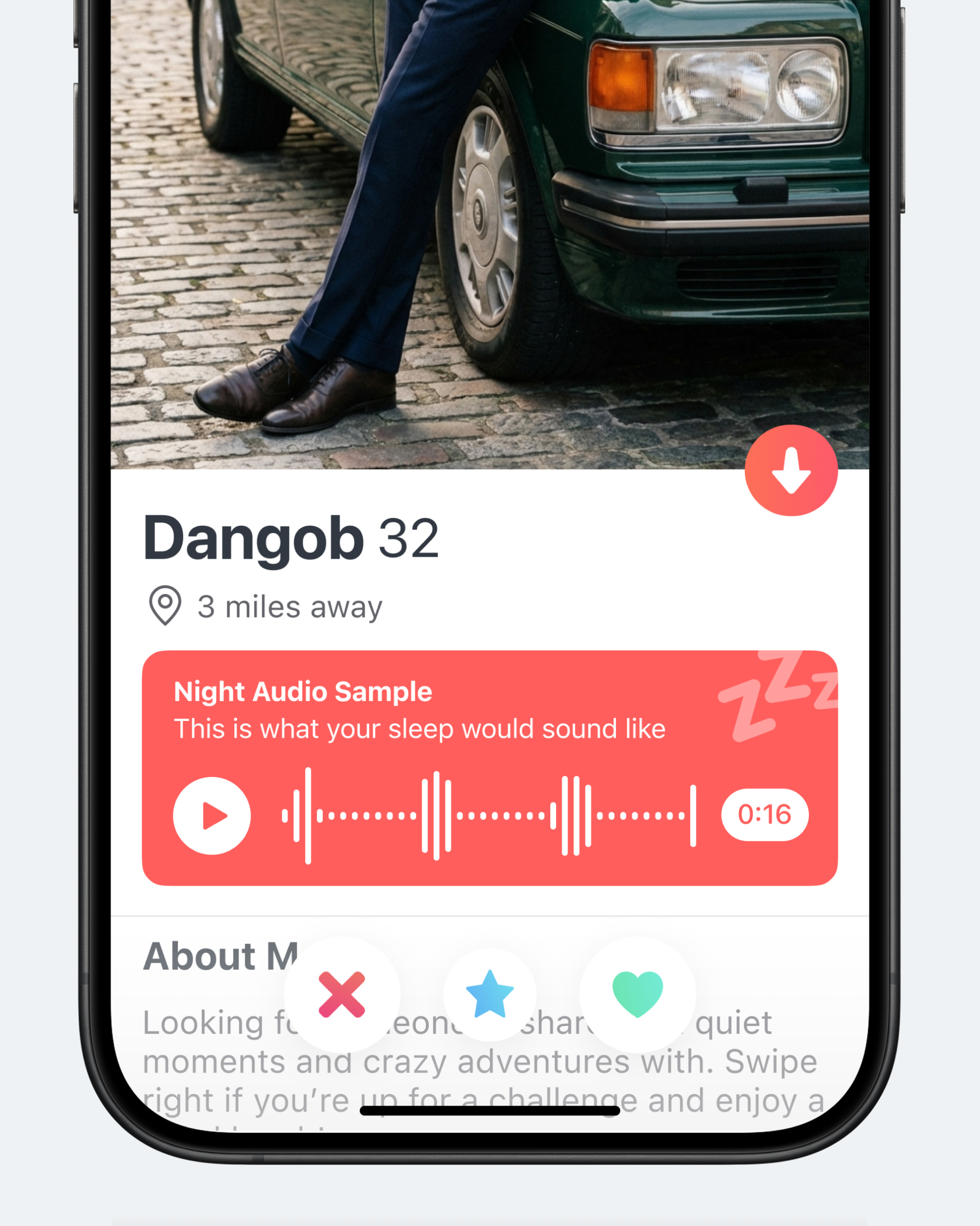 Концепт: профиль в Tinder с аудиозаписью храпа потенциального партнёра