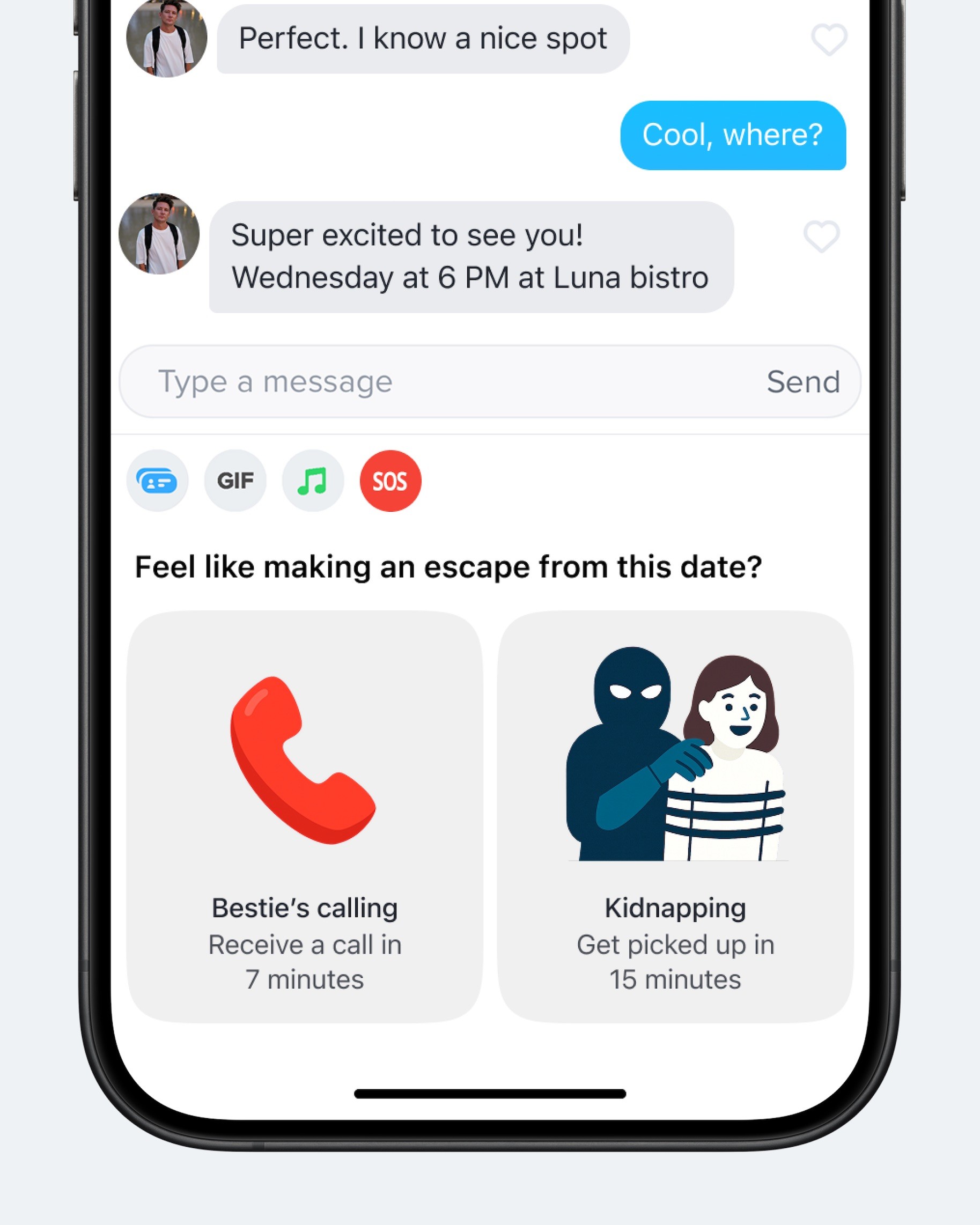 Концепт: экран чата Tinder с опциями вызова помощи или заказа похищения на свидание