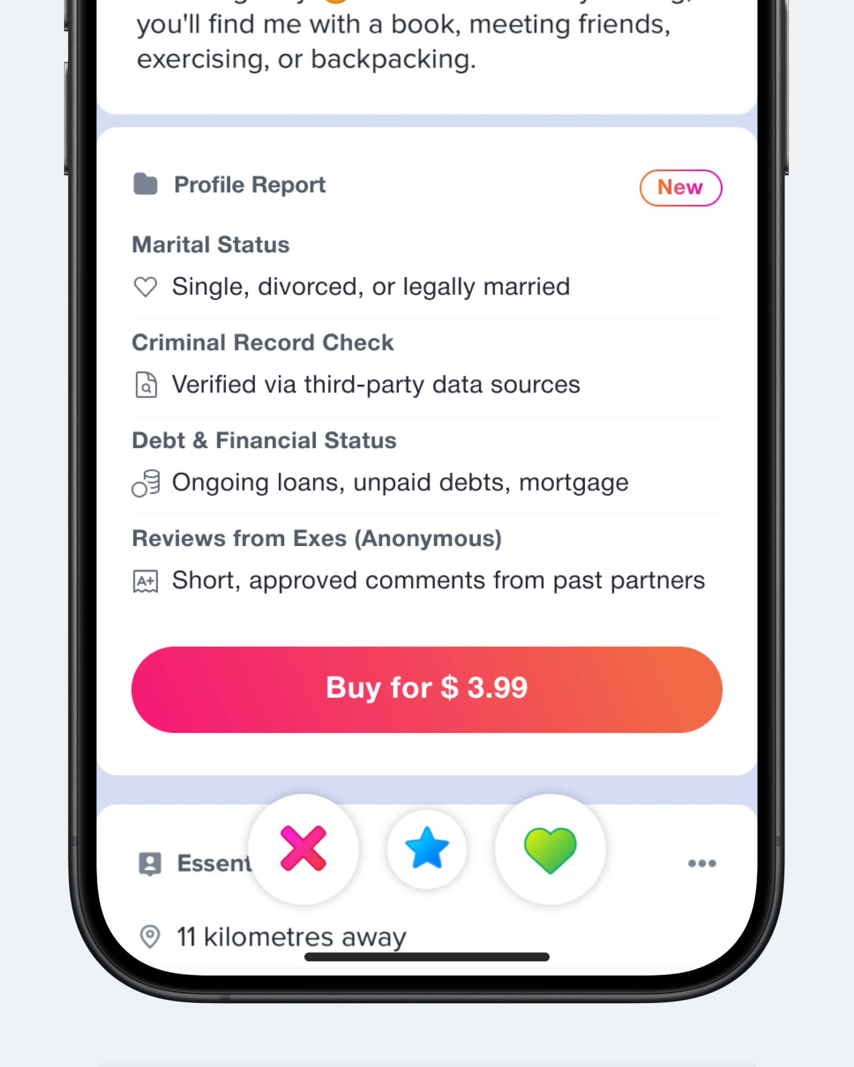 Концепт: экран платного отчёта о пользователе Tinder с проверкой судимости и финансовым статусом