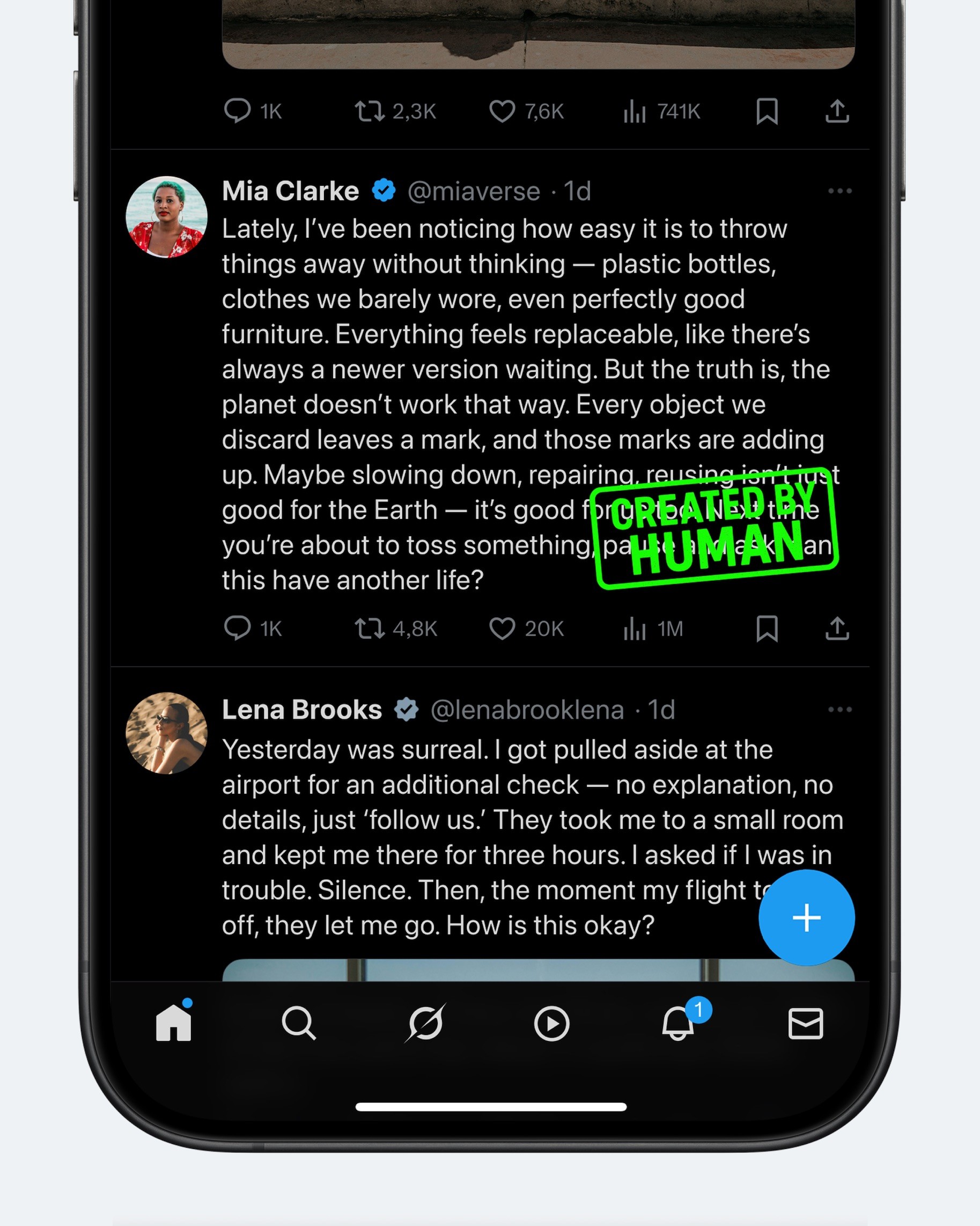 Концепт: лента X.com с меткой «Created by human» на посте о защите окружающей среды